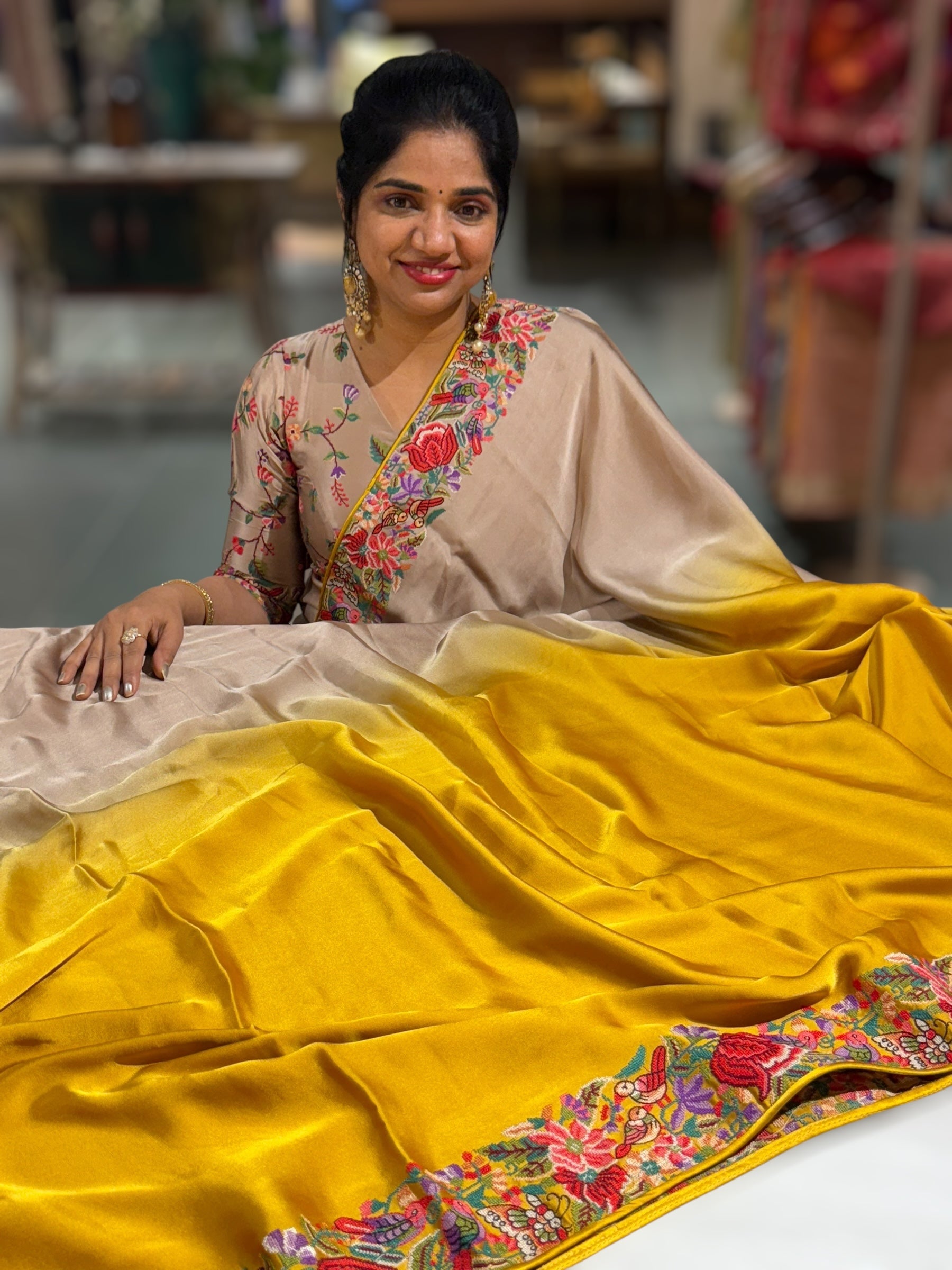 Pure Satin Ombre Dyed Saree with Petite Point Embroidered Border and blouse.
