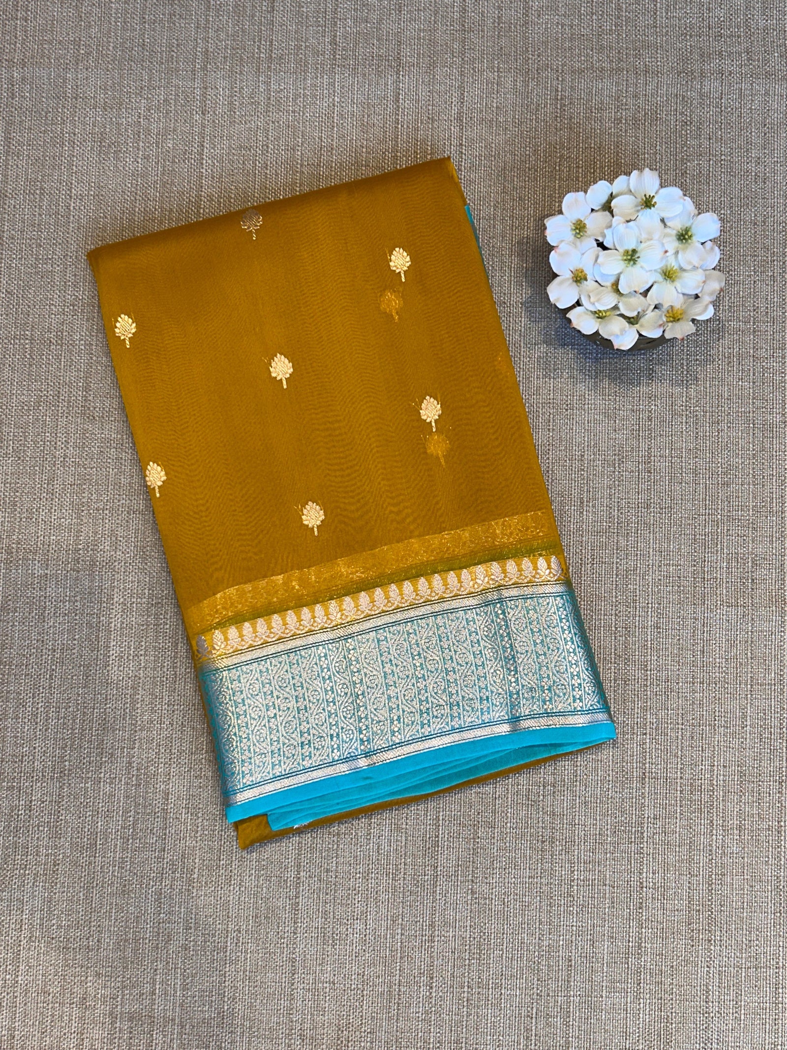 Mustard with Blue Pure Handloom premium Kora Banarasi Saree