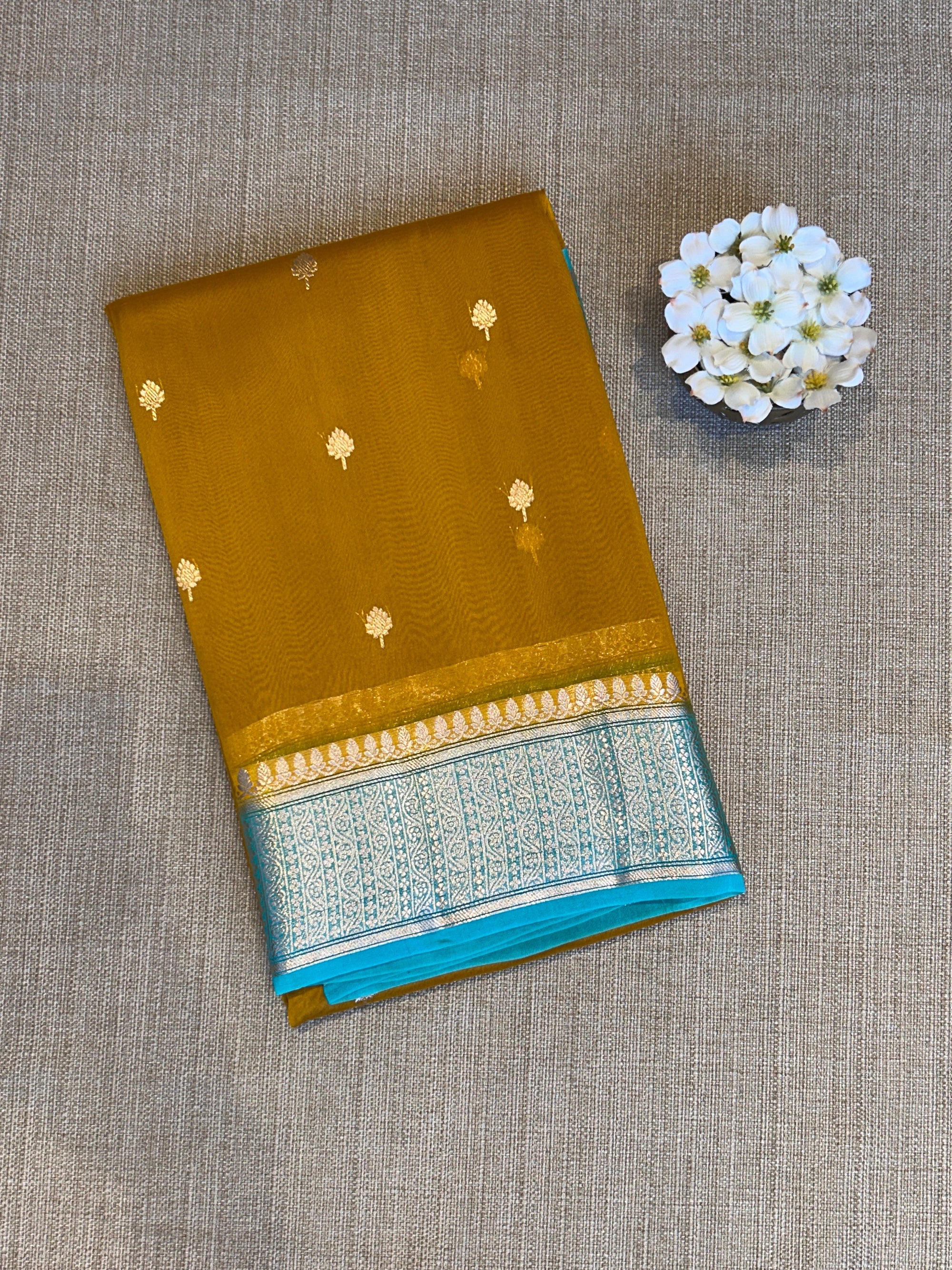 Mustard with Blue Pure Handloom premium Kora Banarasi Saree