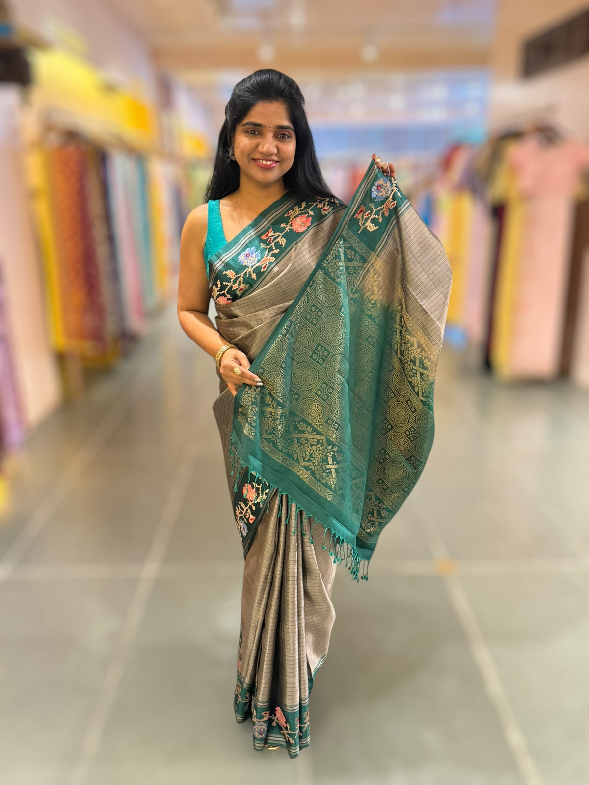 Dusty Grey & Teal Vintage Kanchi soft silk saree with embroidery