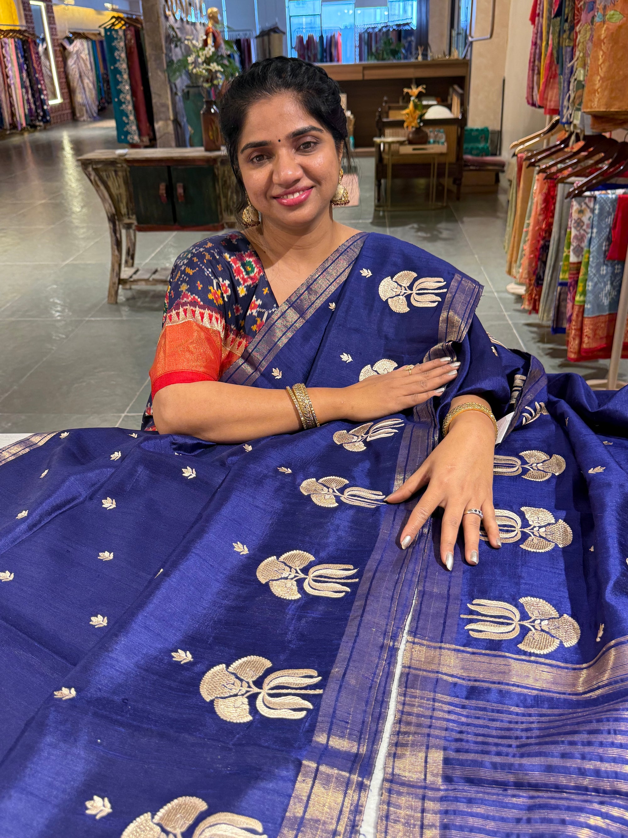 Blue Pure Handloom Raw Silk Saree