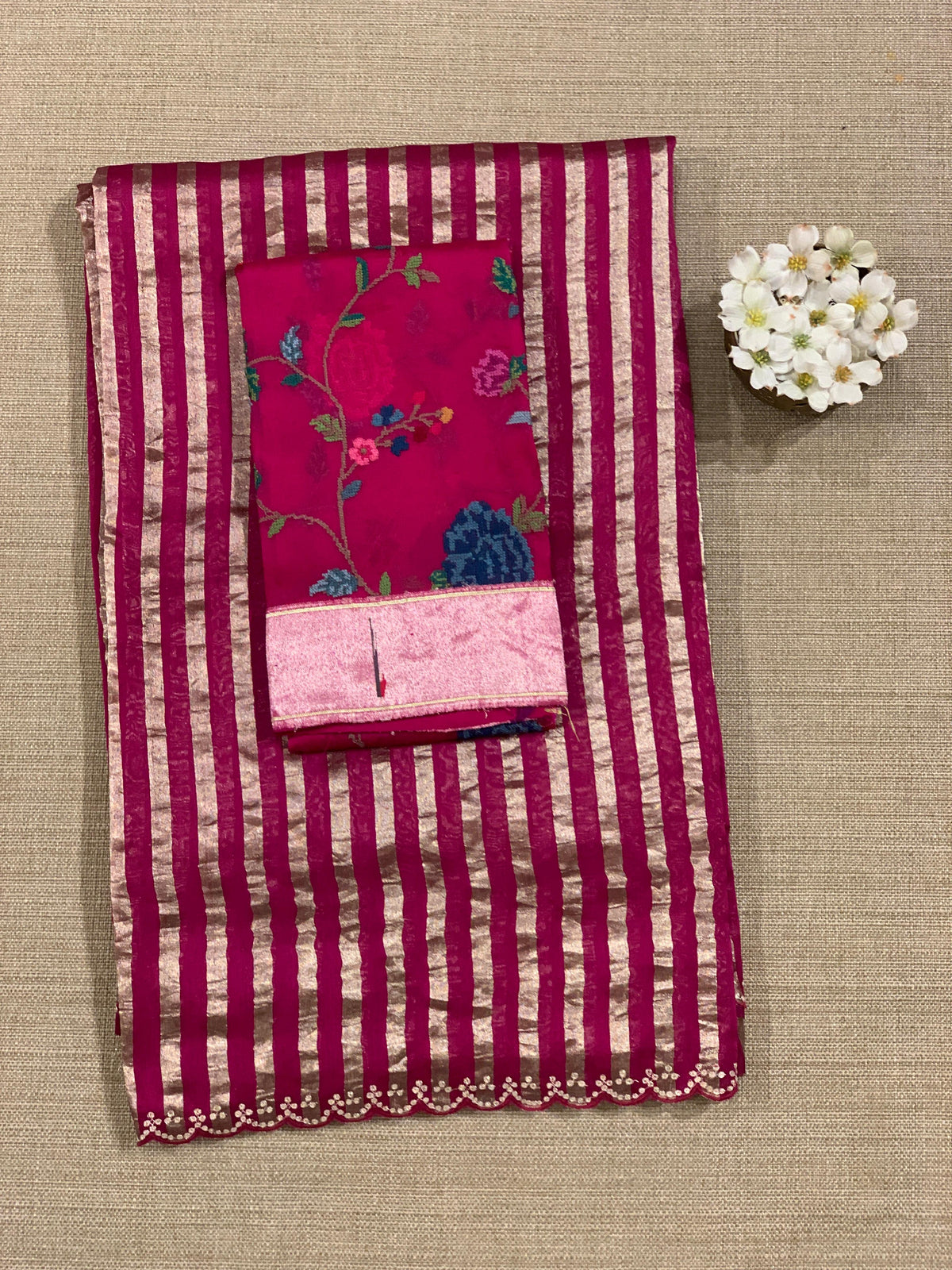 Beetroot Pink Mul tissue stripes saree with fusion blouse : D62138