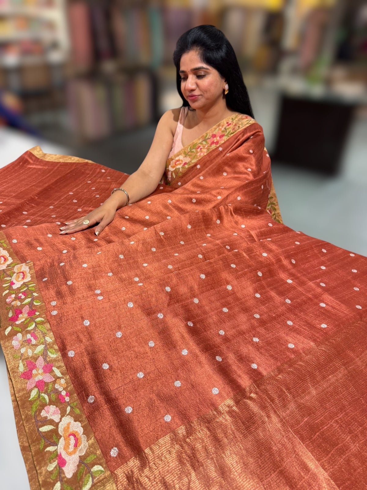 Rust Raw Silk Saree with Embroidery