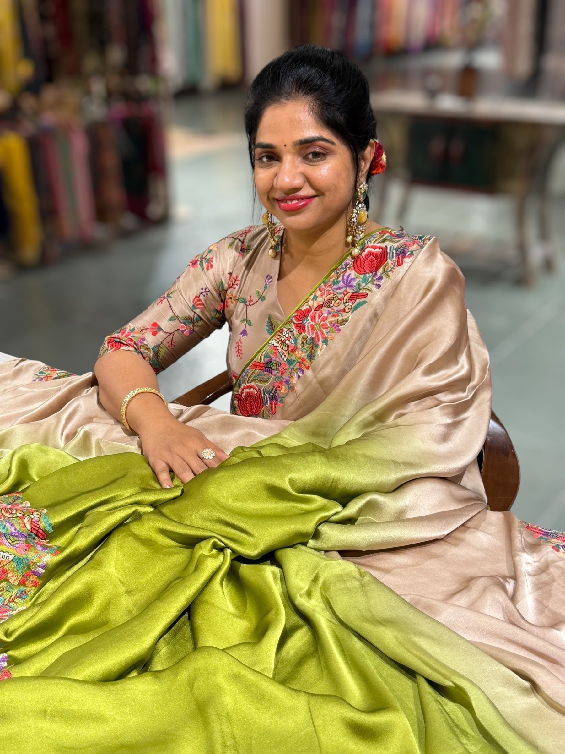 Pure Satin Ombre Dyed Saree with Petite Point Embroidered Border and blouse.