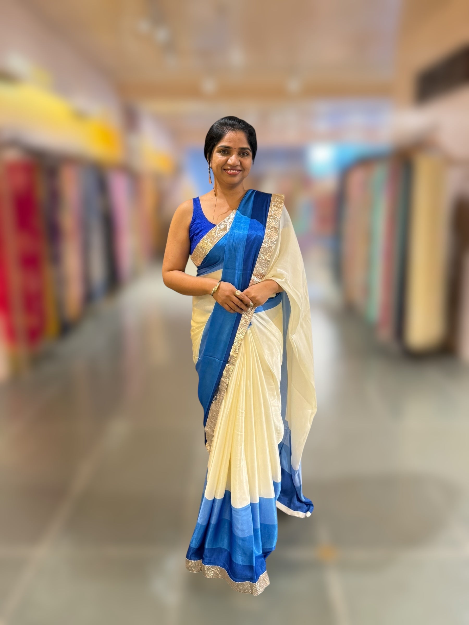 Ivory & Royal Blue Combo Chinnon Crepe Saree with Gotapatti Borders