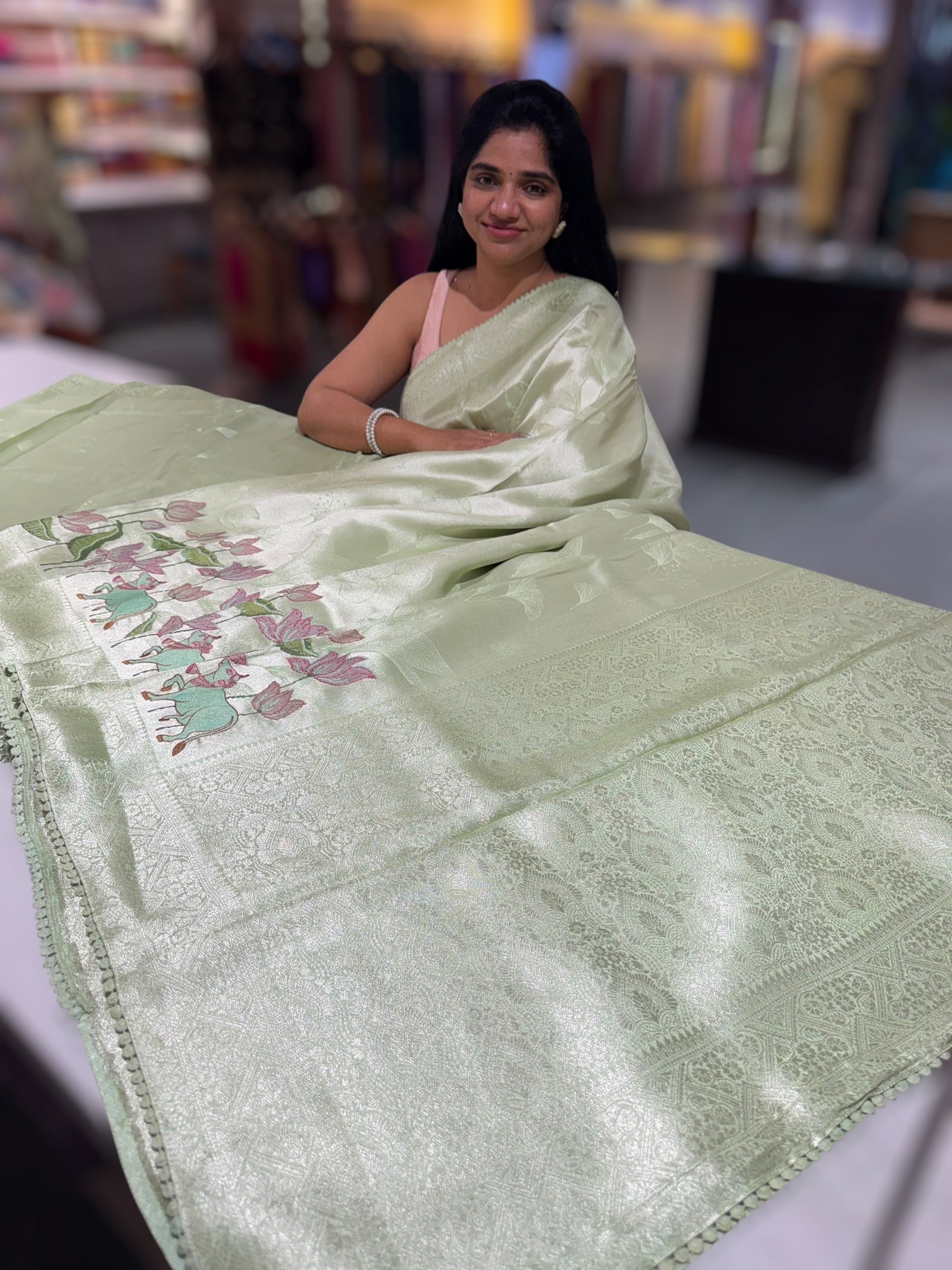 Mint Green Banarasi Brocade tissue saree with pichwai embroidery