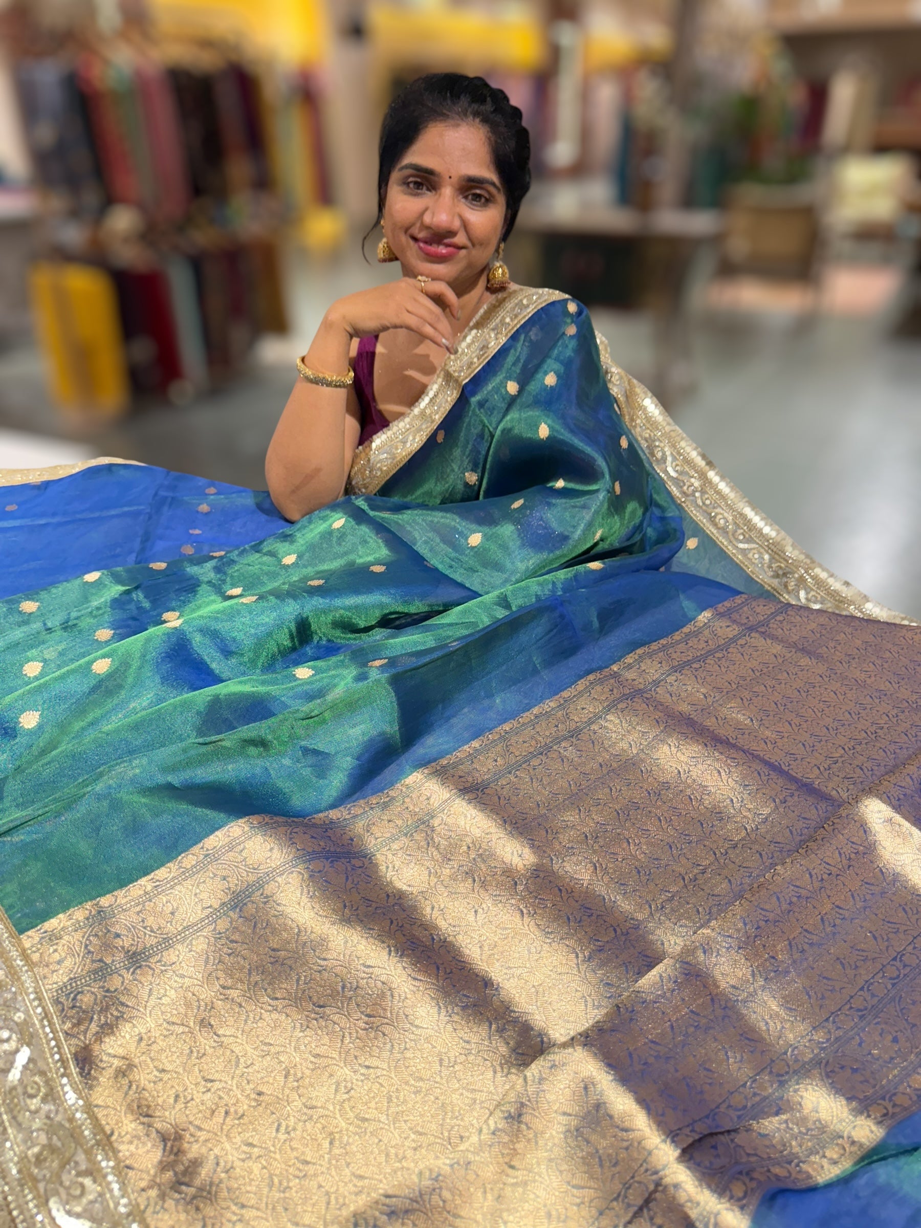 Peacock Bluish Green Pure handloom Banarasi Tissue saree