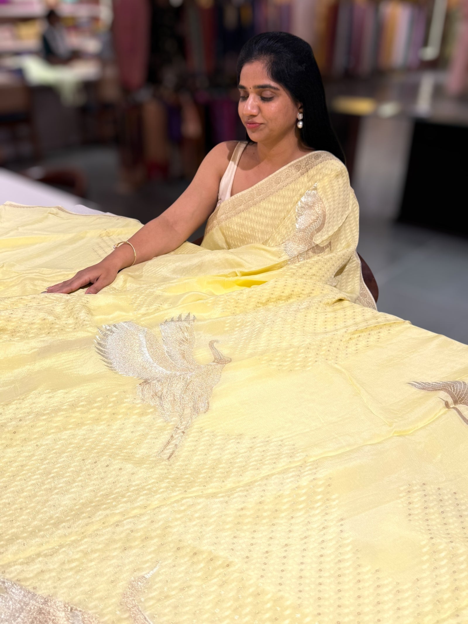 Pastel yellow banarasi chifoon  with bird weaving