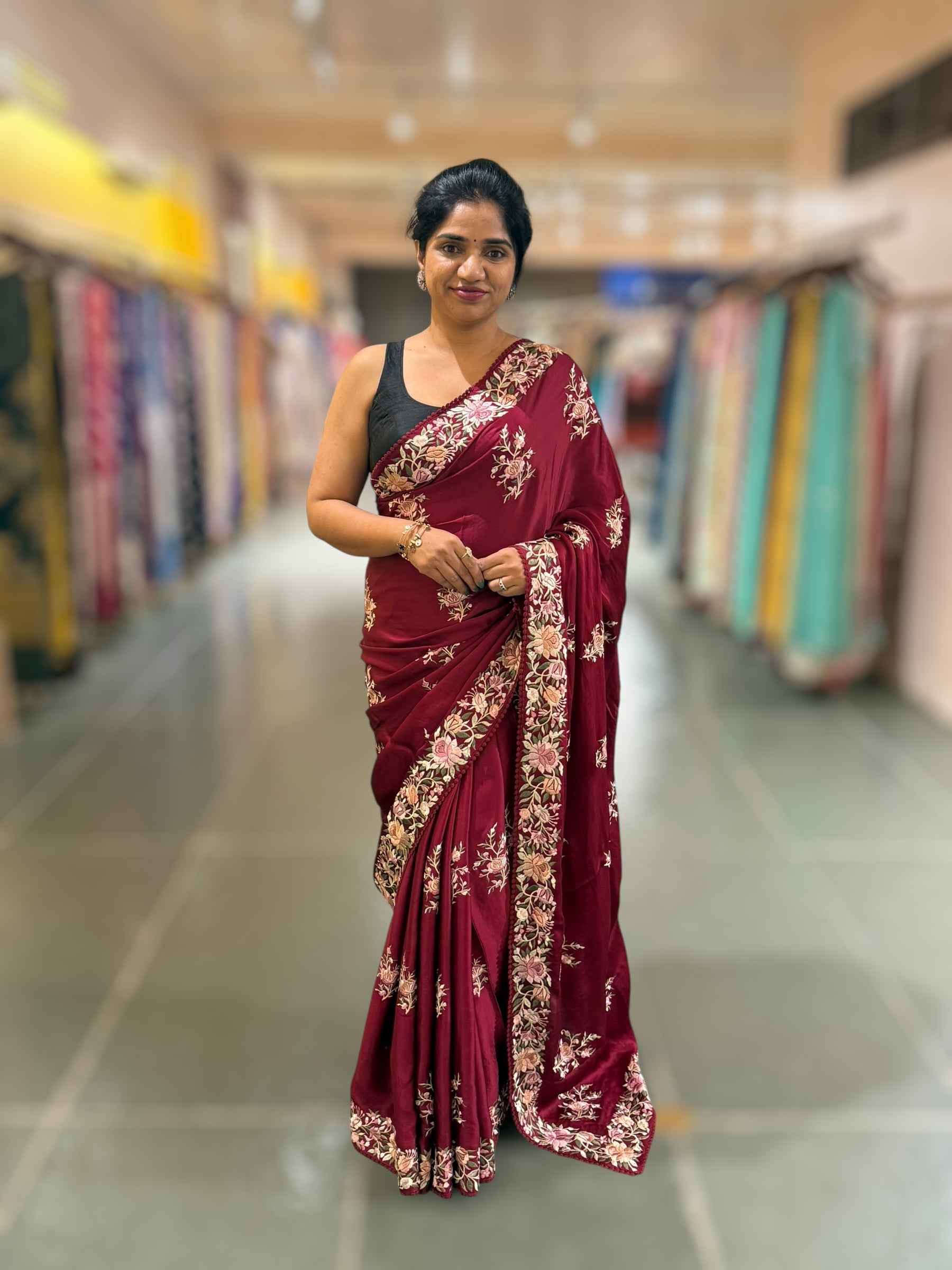 Burgundy Satin Saree with Parsi Gara embroidery