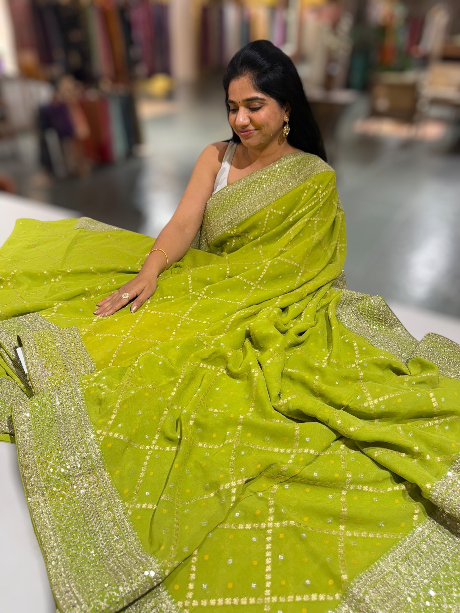 Parrot Green Fancy Banarasi Bandhini georgette saree with sabhyasachi borders and blouse
