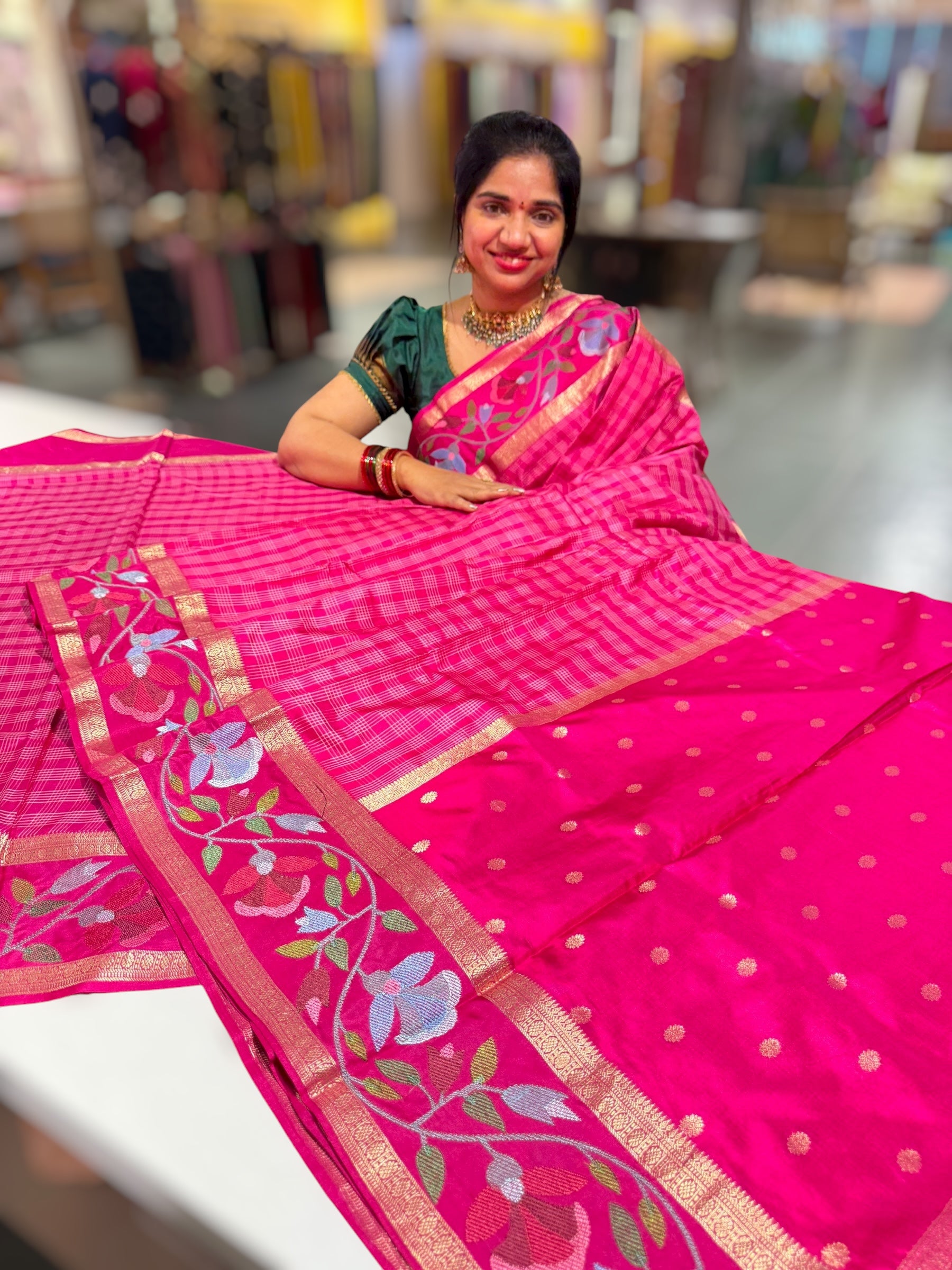 Rani Pink Kanchi Vintage Checks soft silk Saree with embroidered border
