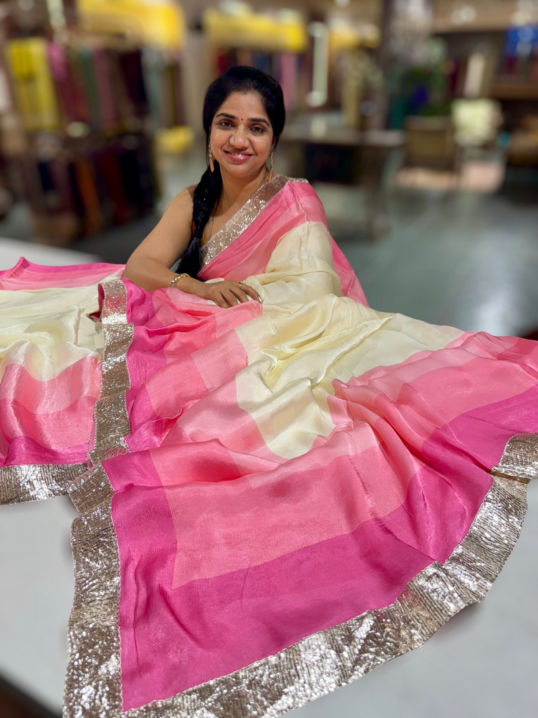 Ivory & Neon Pink Combo Chinnon Crepe Saree with Gotapatti Borders