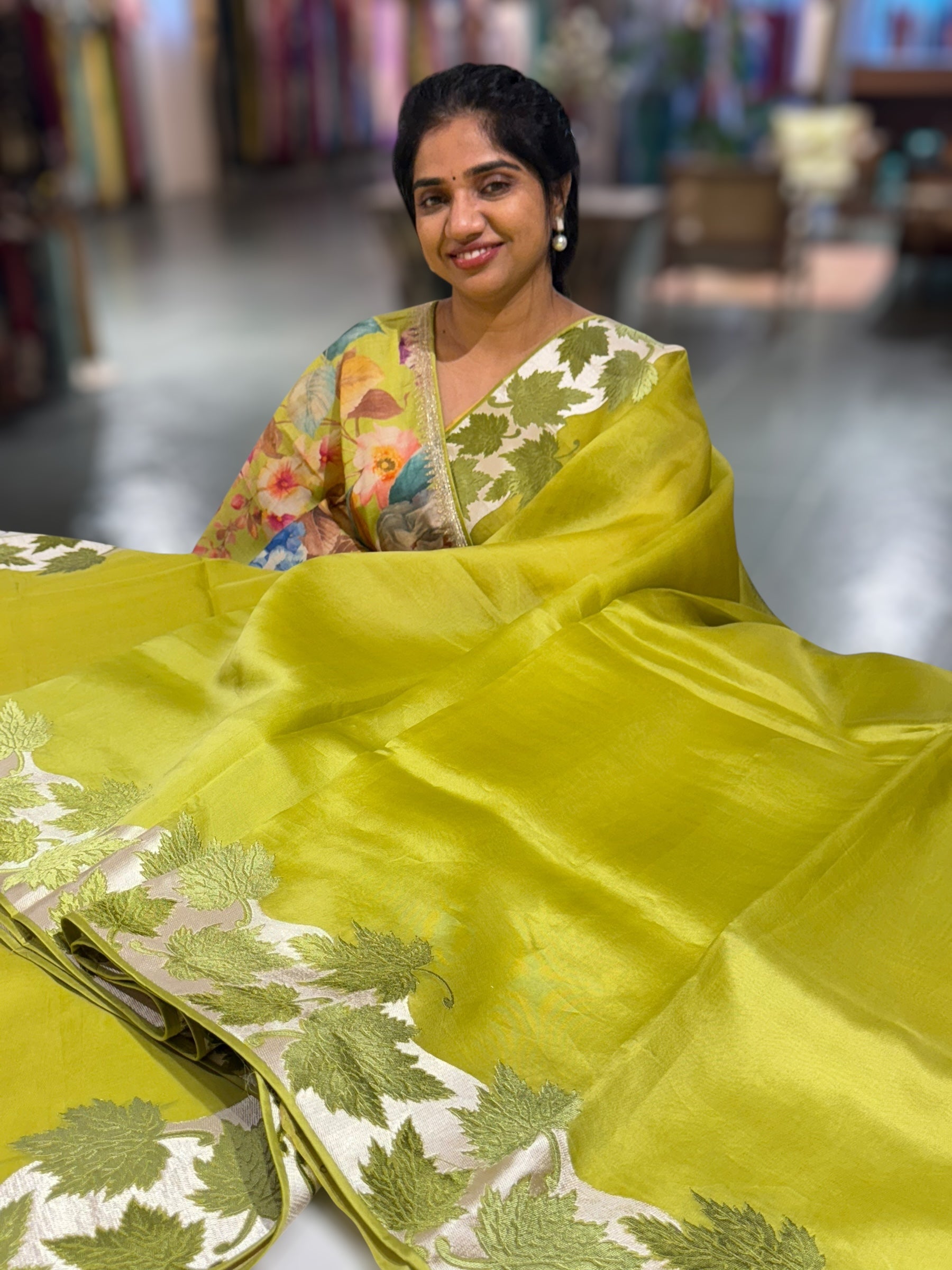 Lime Green Organza Saree with Stunning Leaf Embroidered Border