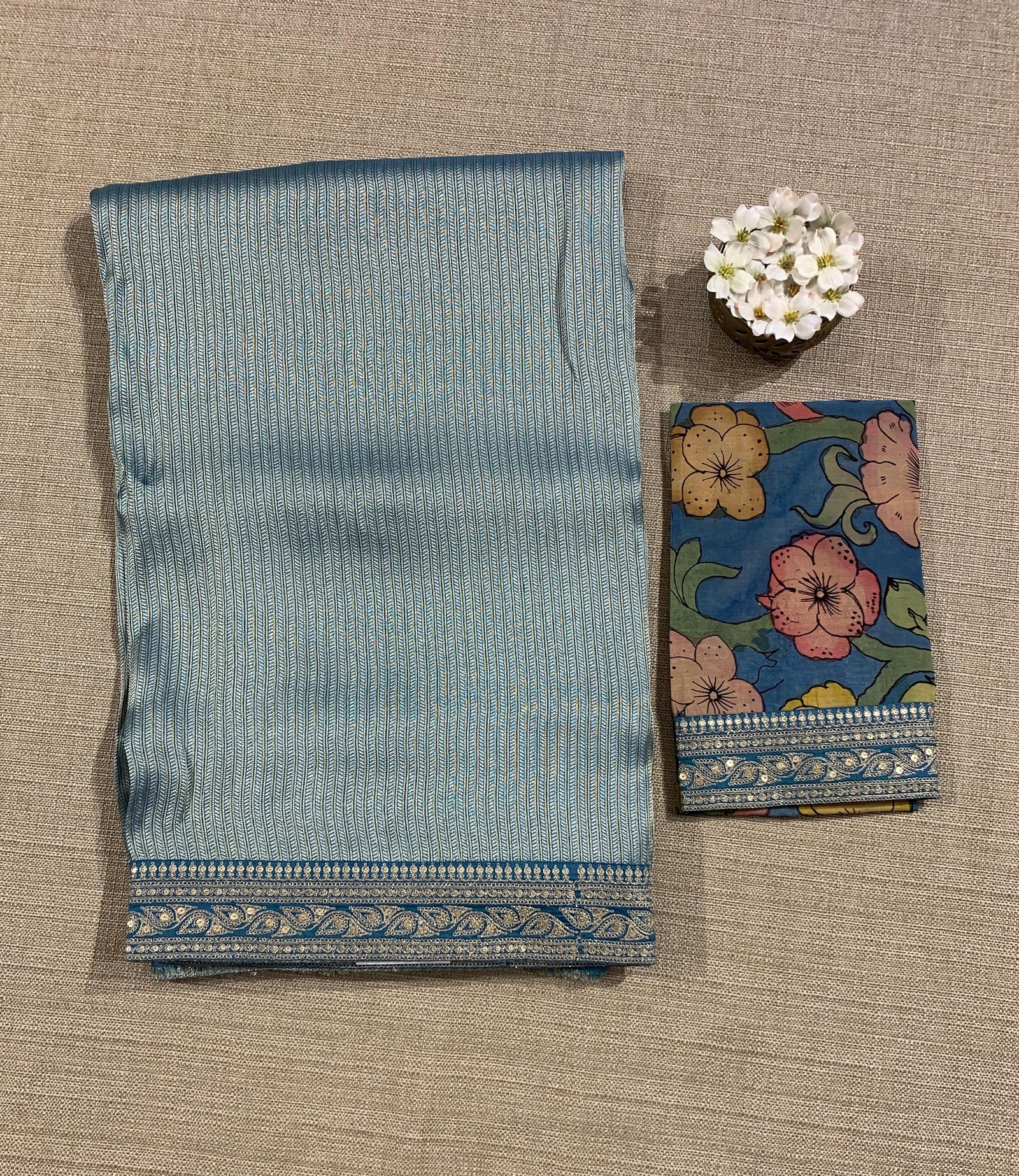 Dusty Blue Banarasi brocade with sabyasachi borders and pen kalamkari Blouses