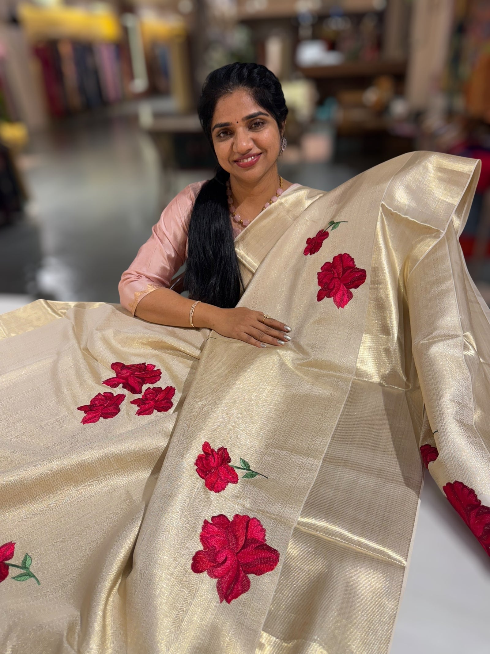 Ivory Banarasi Brocade Kanjeevaram Saree With Hibuscus Floral bunches embroidery