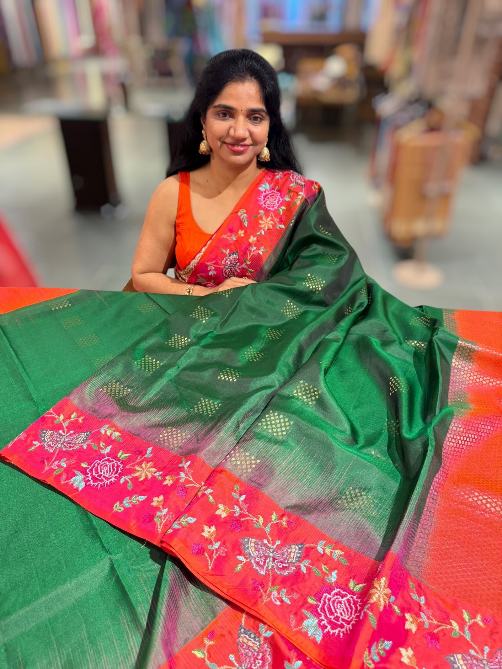 Bottle Green Kanchi Soft Silk Saree with petite point embroidered border