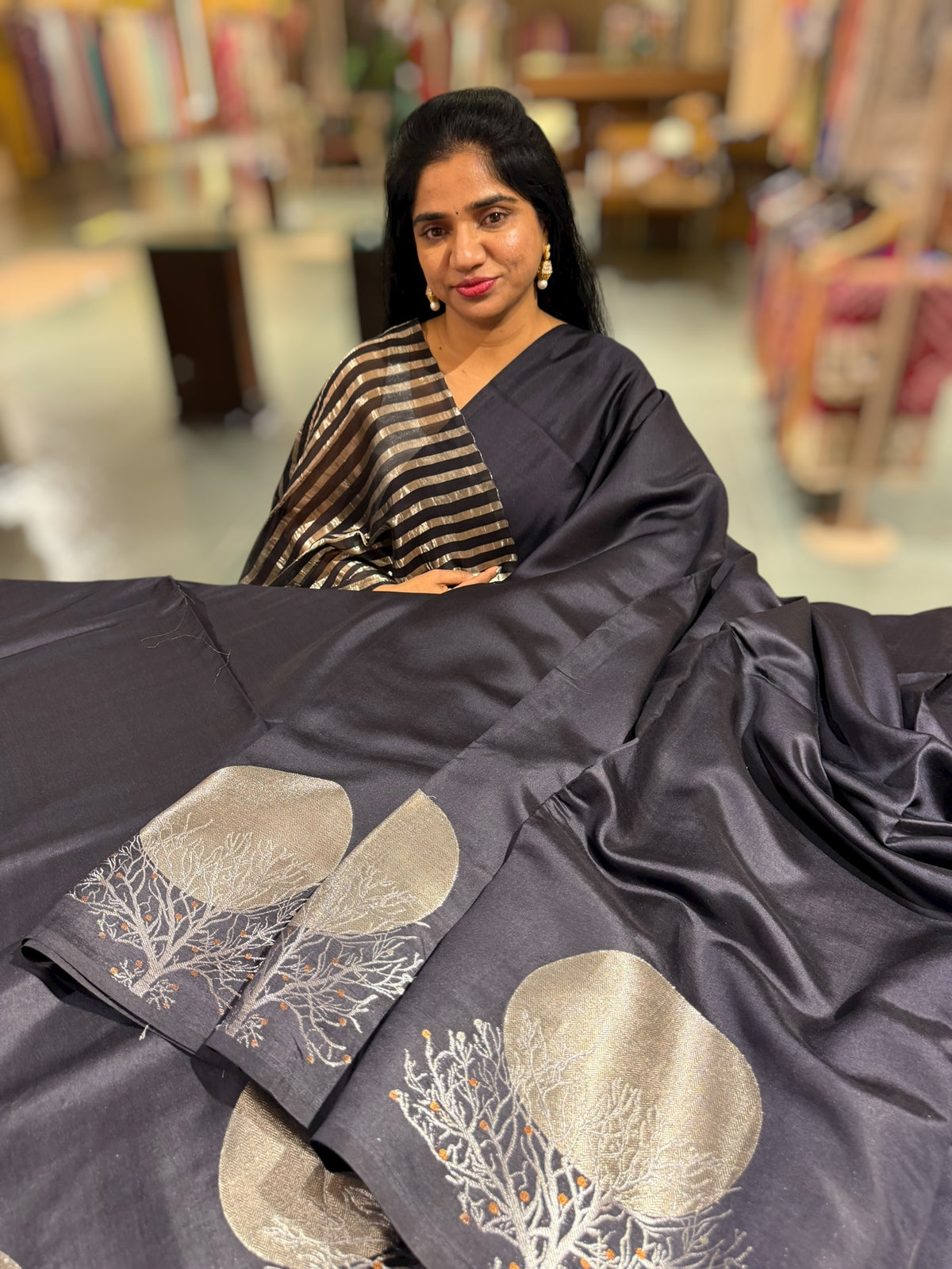 Black Banarasi Chiniya Silk with contemporary Borders