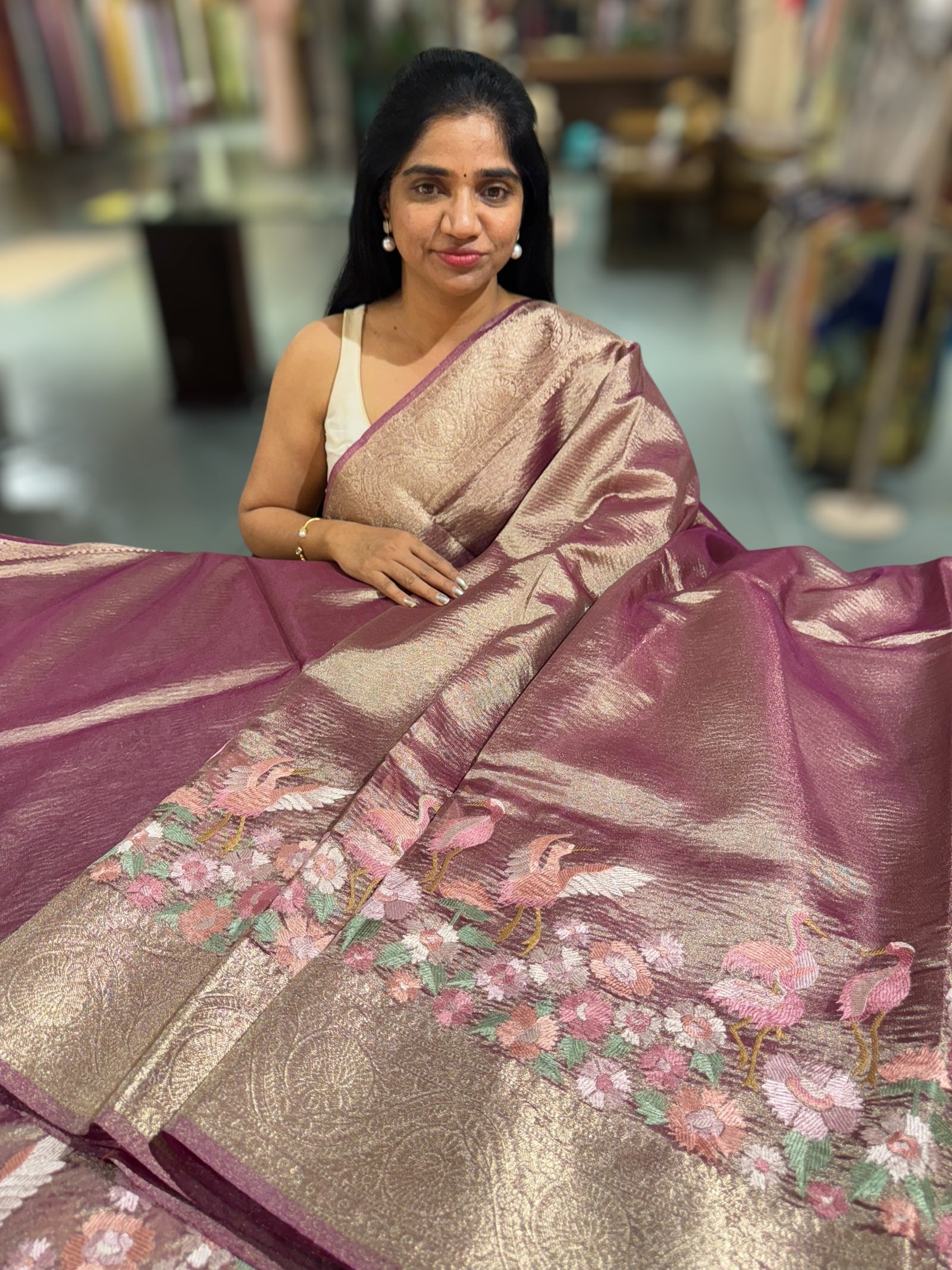 Crush tissue saree with embroidery