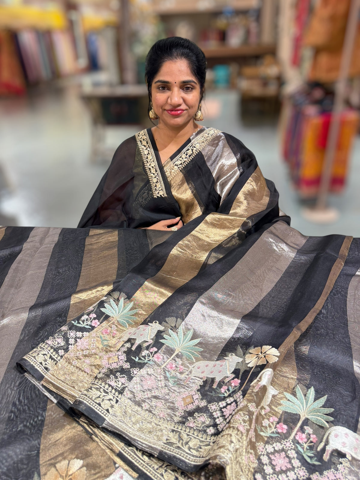 Black Kora Tissue Stripes Saree With Jamdani  & Pichwai embroidered Border