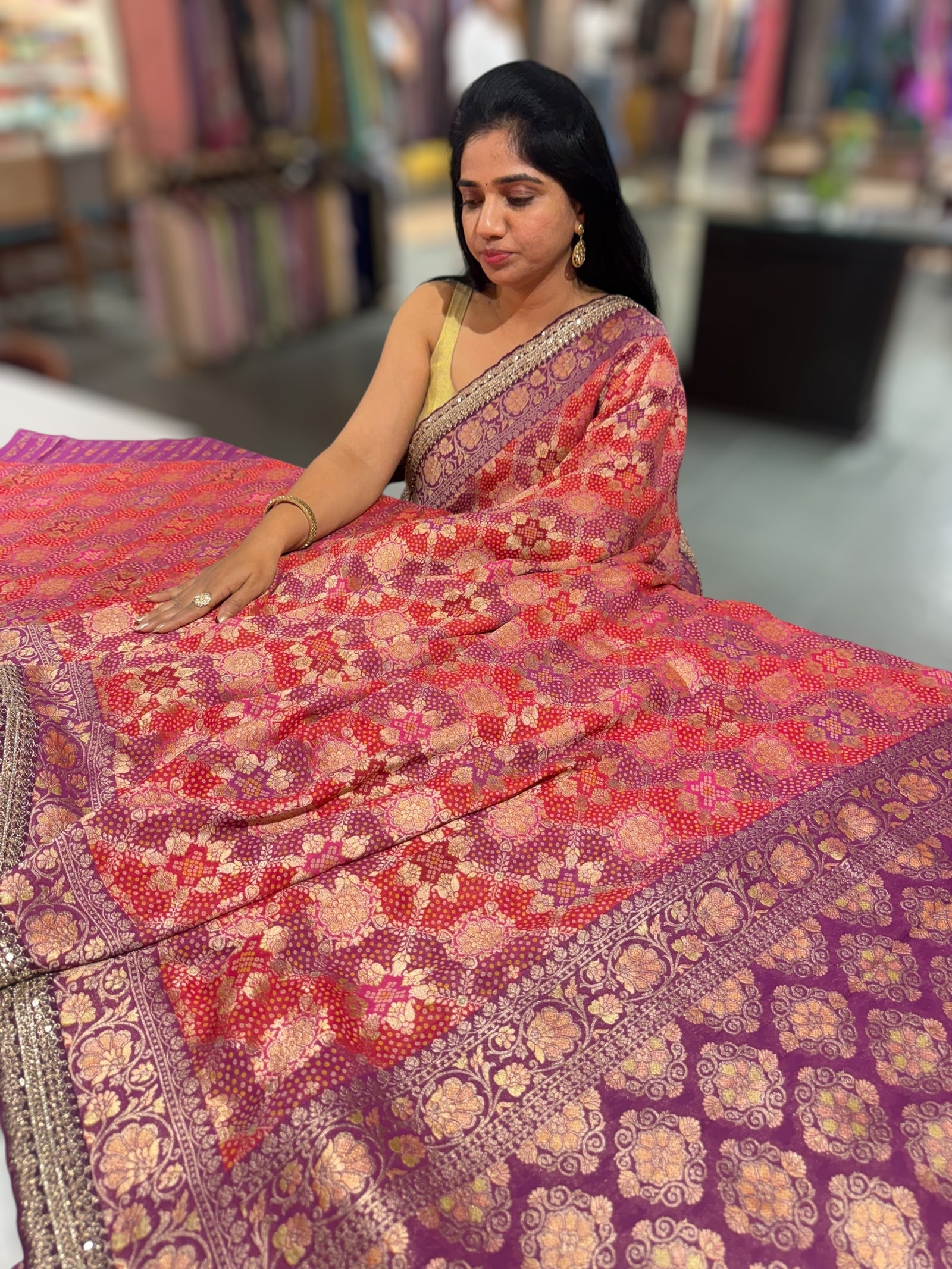 orangish Red & Wine Banarasi bandhini georgette