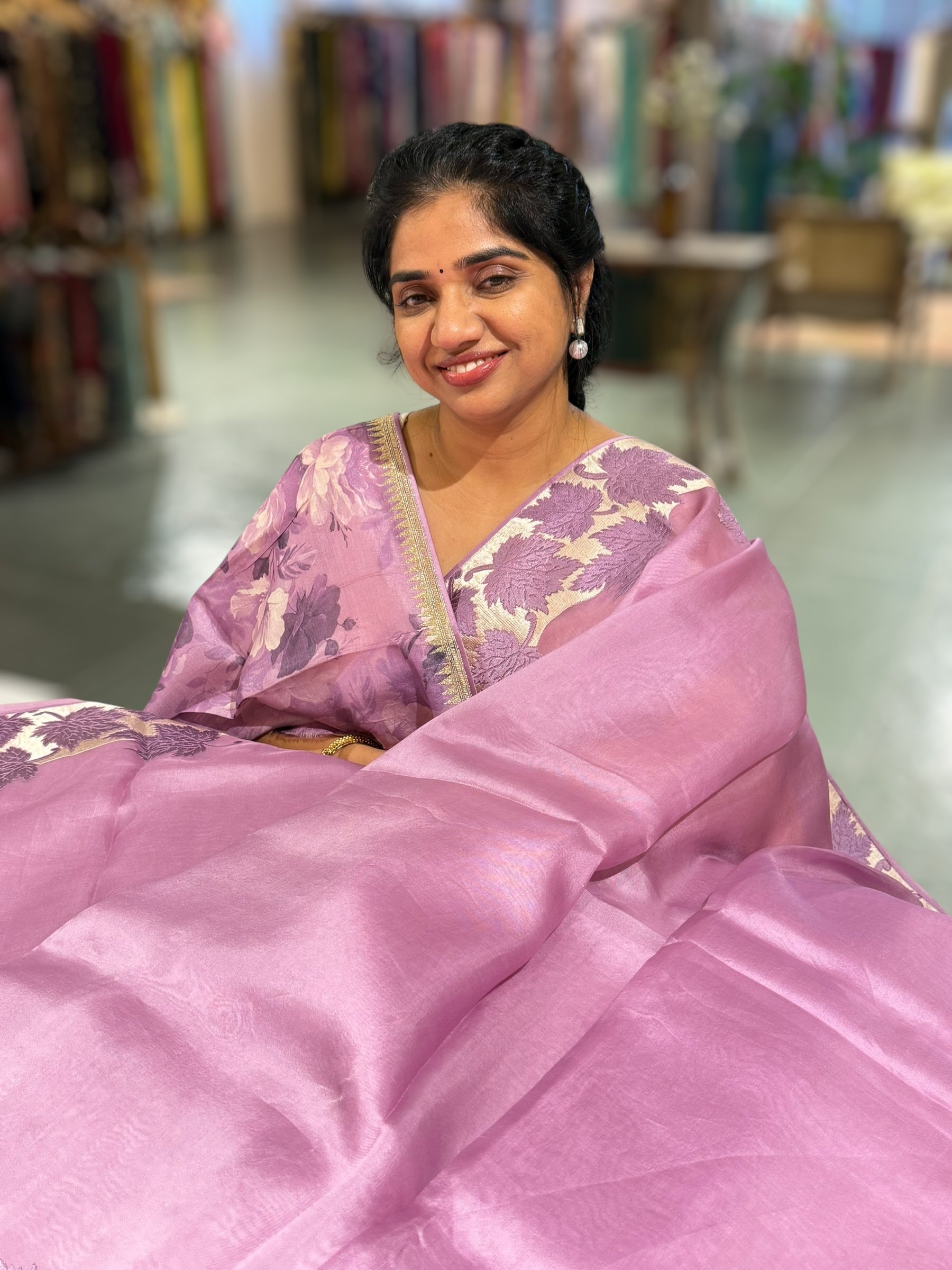 Lilac Organza Saree with Stunning Leaf Embroidered Border