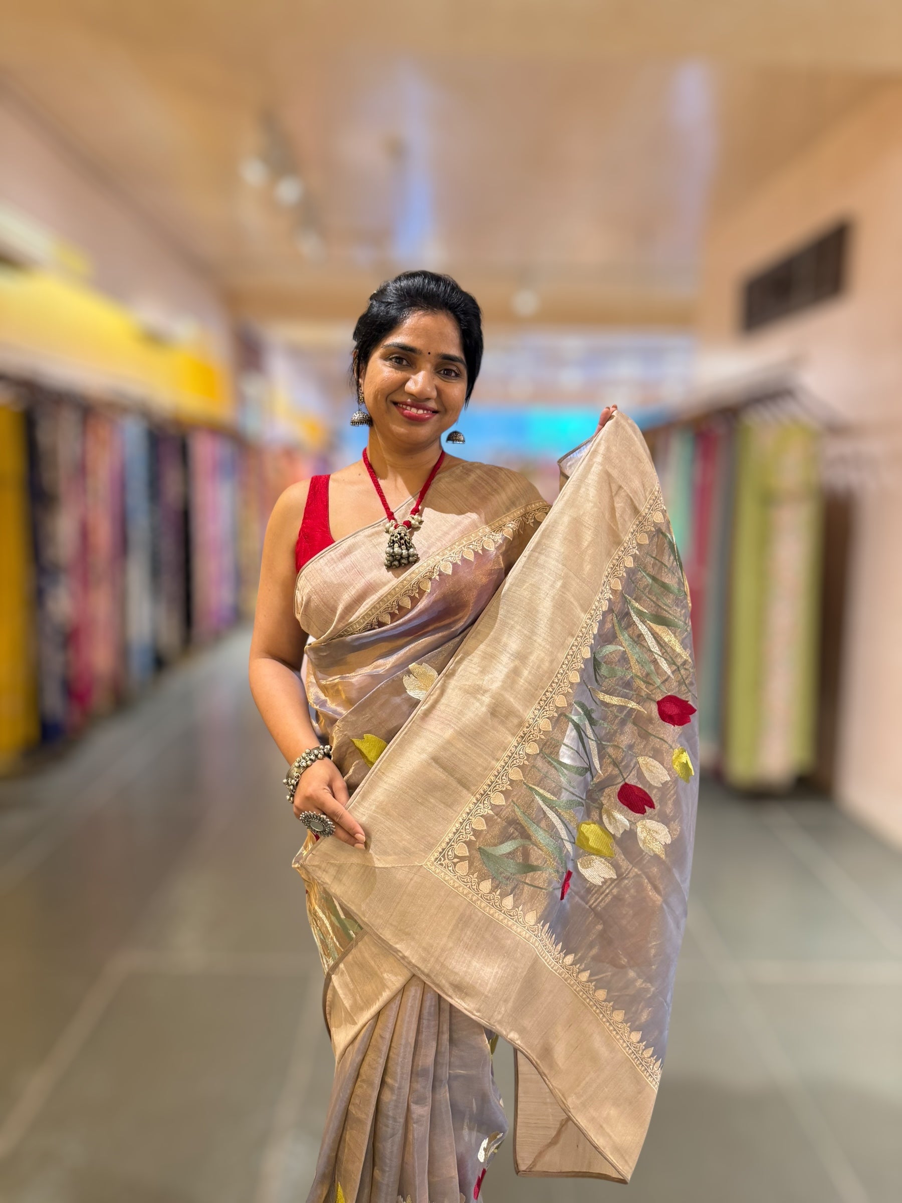 Violet Designer Handloom Tissue Saree With Tulip embroidery