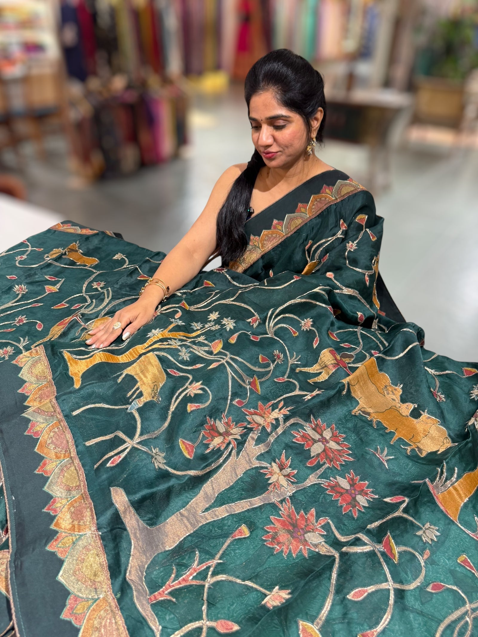 Bottle Green Designer Organza Saree with Stunning Tissue Applique work Saree with village theme