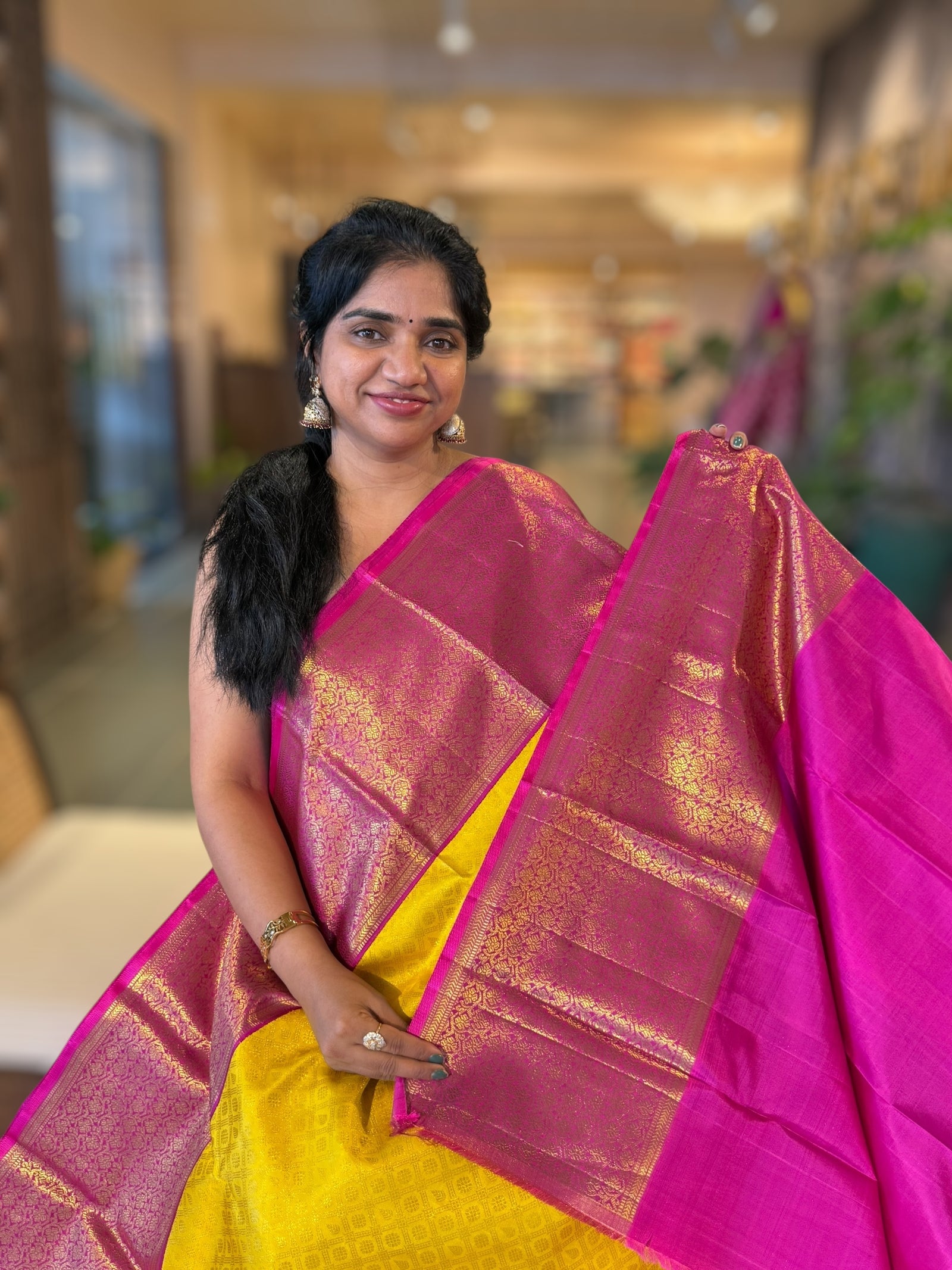 Yellow and Rani Pink Combo kanchi brocade designer kuttu border saree