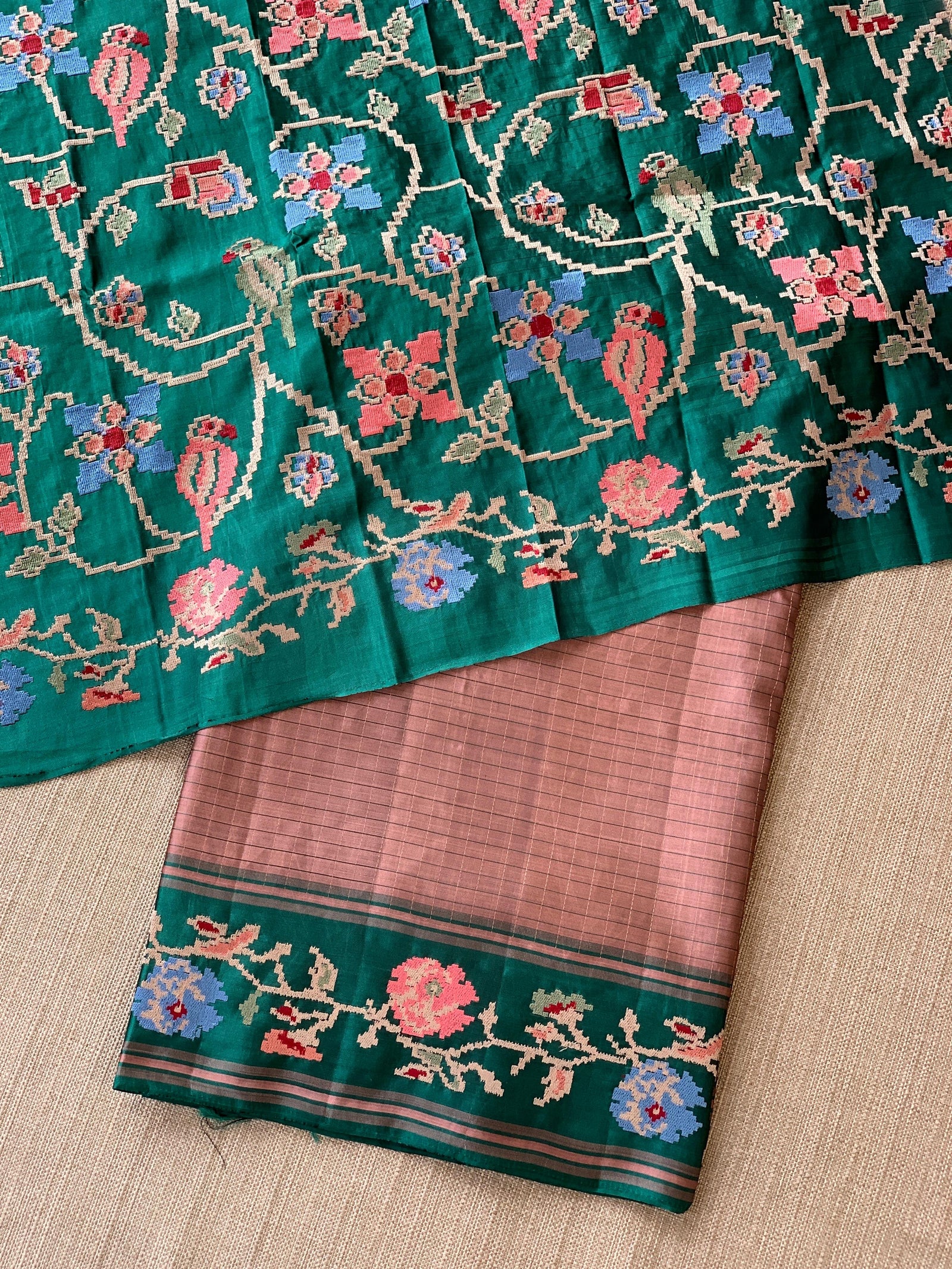 Terracota & Teal Vintage Kanchi soft silk saree with embroidery
