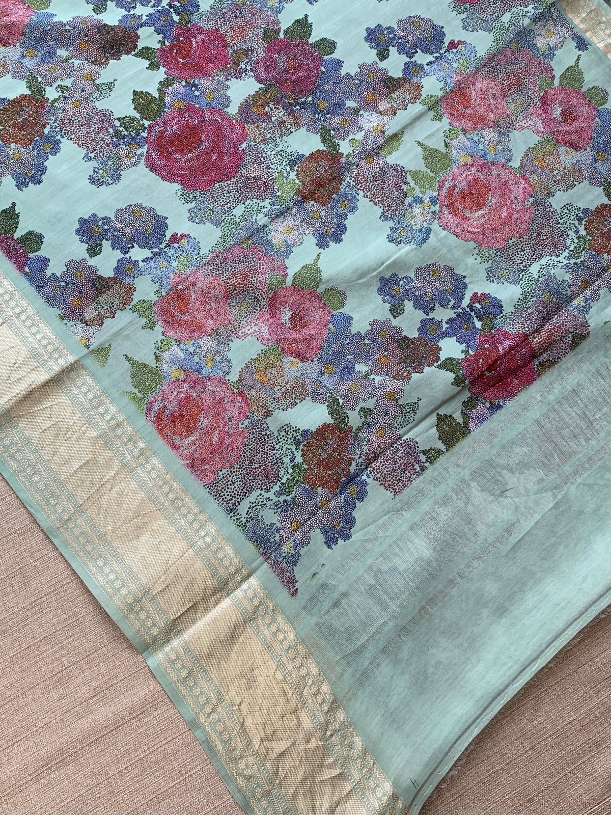 Mint Pure Handloom Chiniya Silk Saree with stunning Floral Print and zari borders