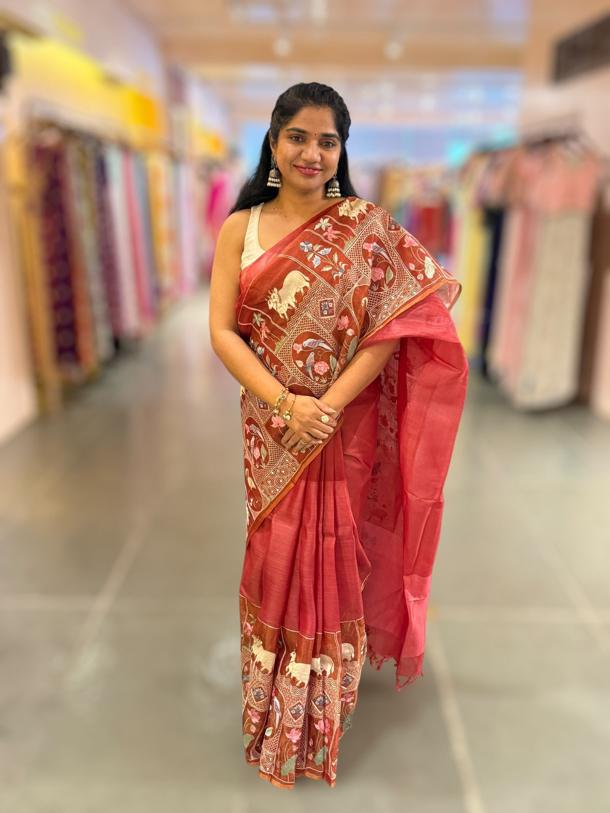 Rust Red/ Brick Red Kora-Tussar blend Handloom Saree with Tissue embroidered Skirt Border