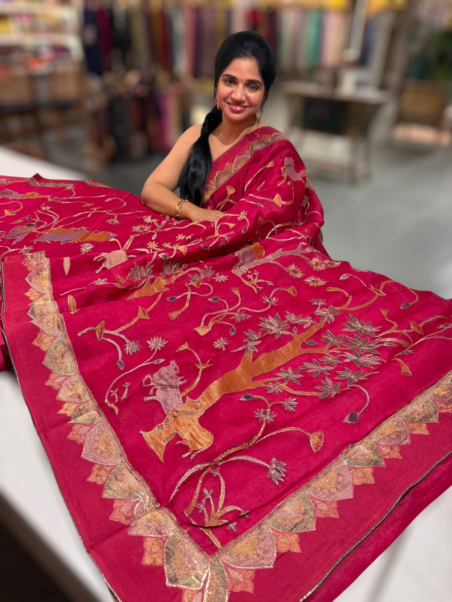 Ruby Pink Designer Organza Saree with Stunning Tissue Applique work Saree with Village theme