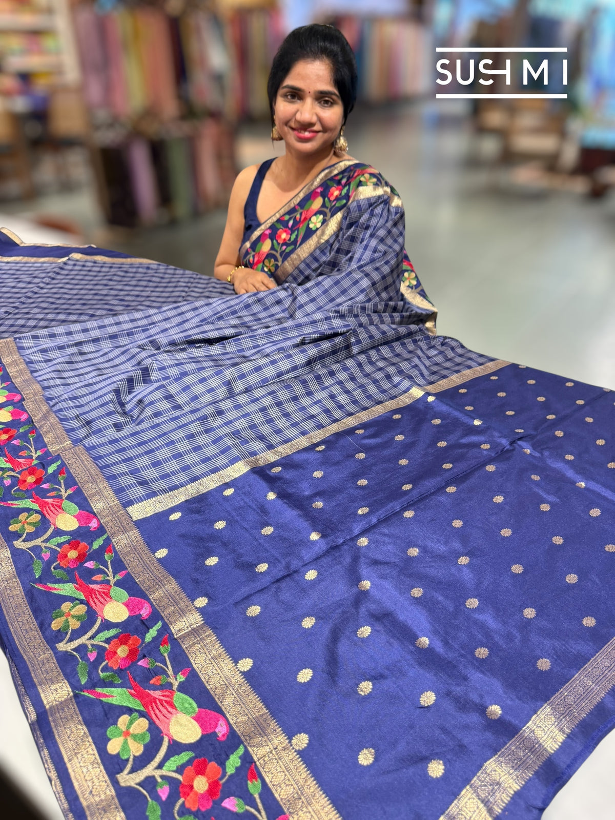 Midnight Blue Vintage checks Kanjeevaram soft silk saree with embroidery D62F040