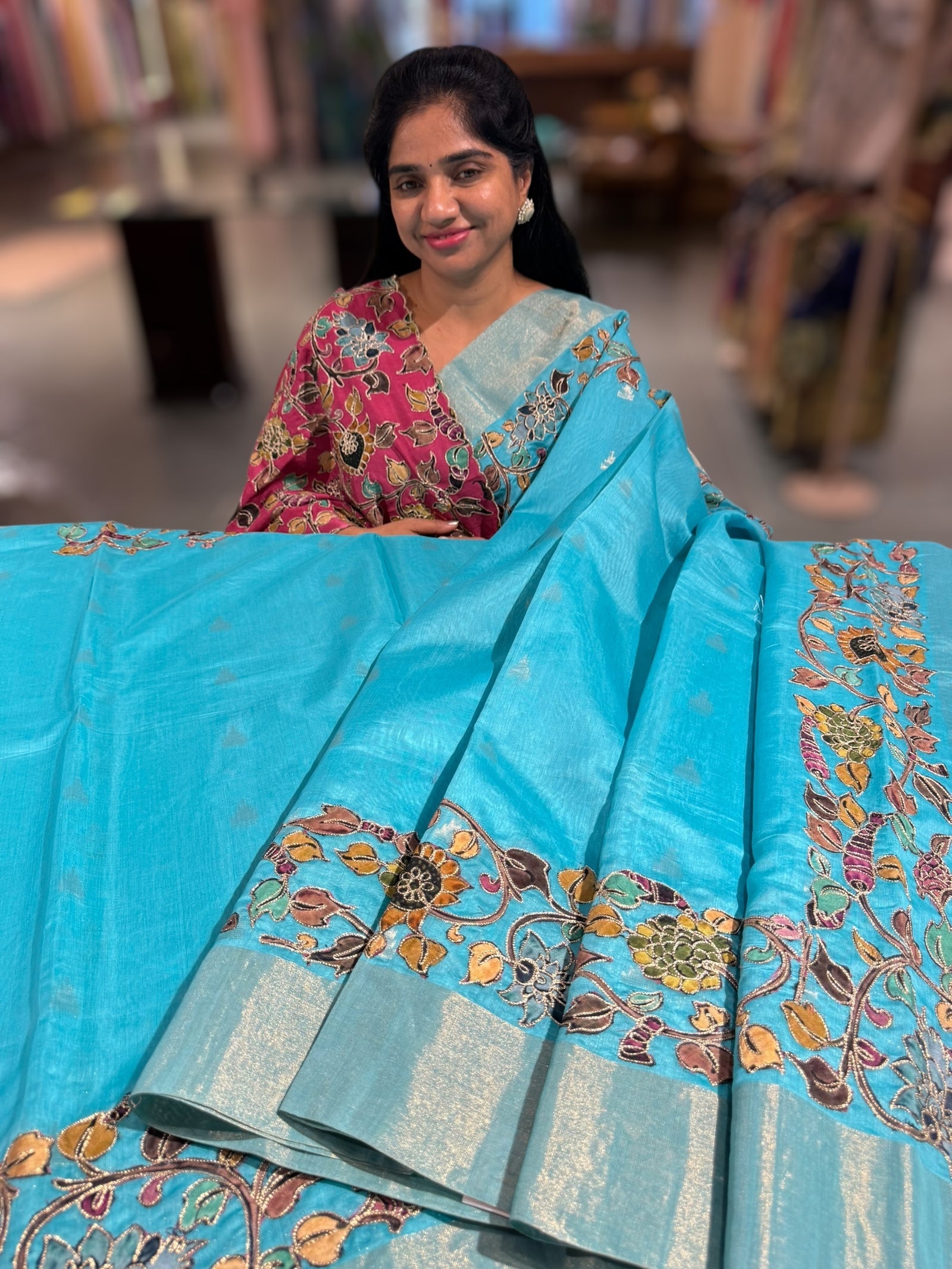 Teal Blue chanderi silk cotton saree with kalamkari applique border