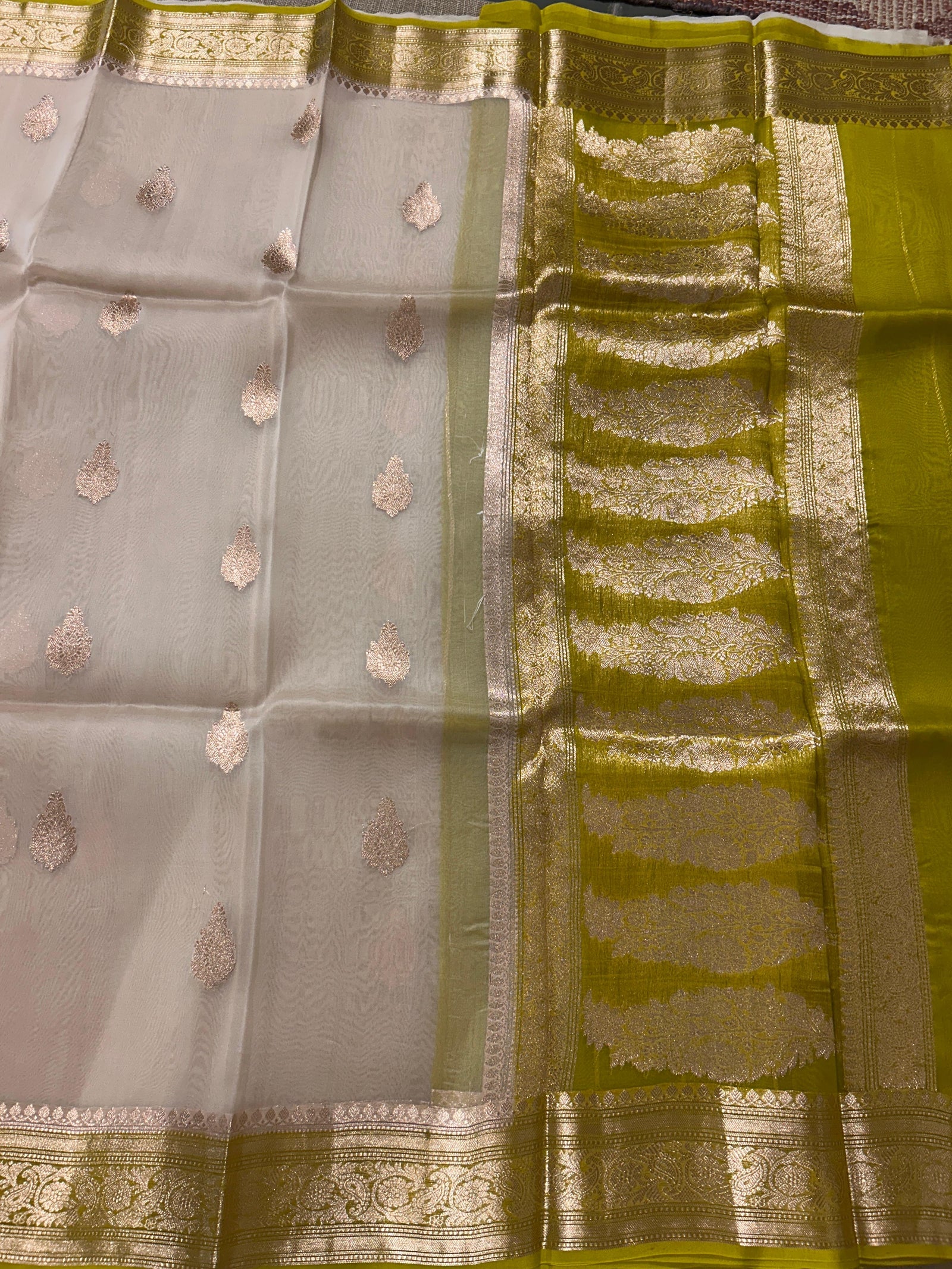 Vanilla and Moong Dal Green Combo Pure Handloom premium Kora Banarasi Saree