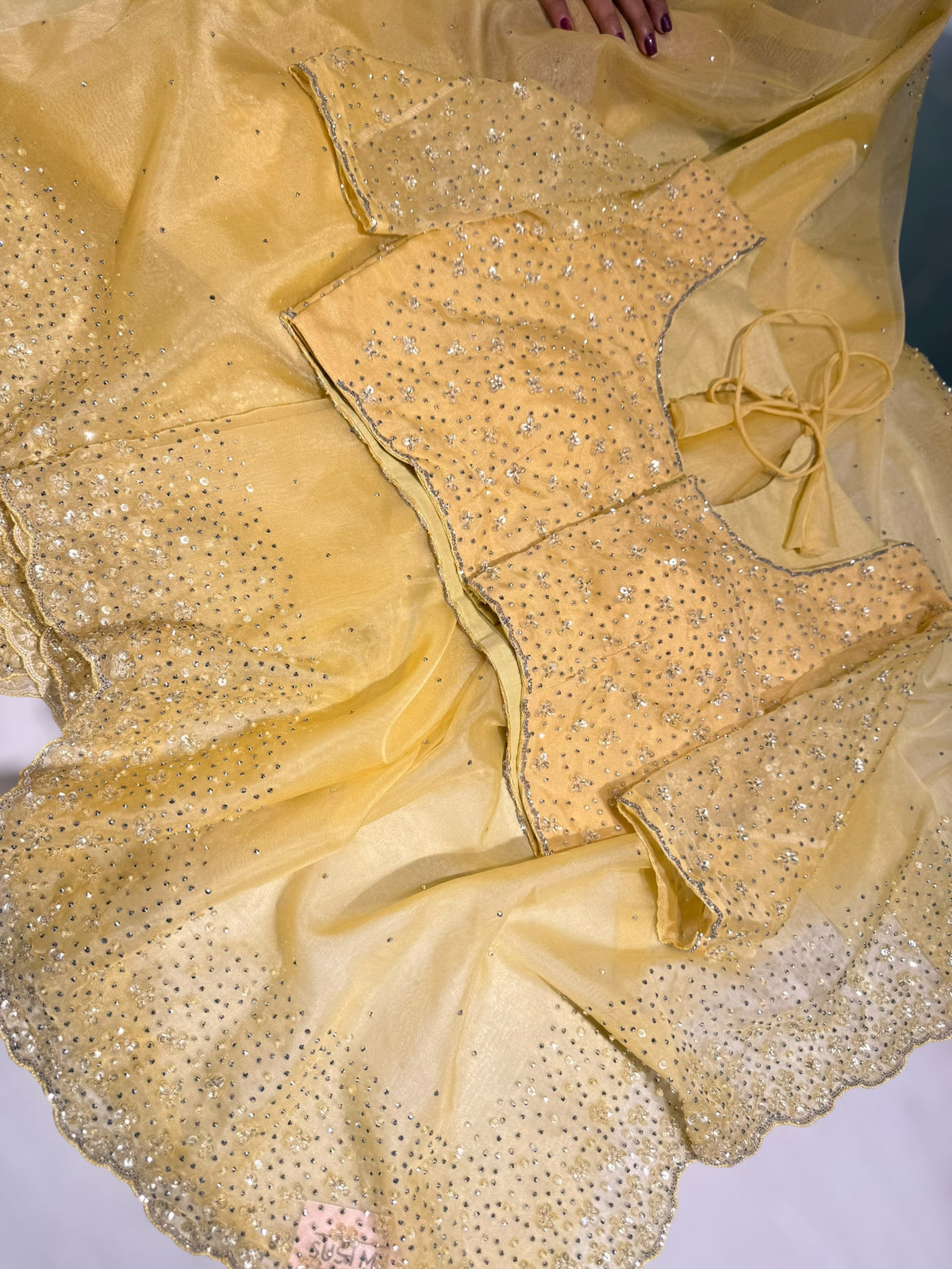 Pastel yellow Organza handwork saree with ready to wear blouse