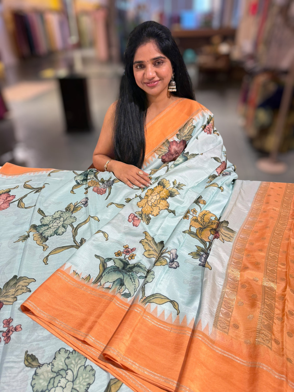 Powder Blue Kanjeevaram Designer print saree