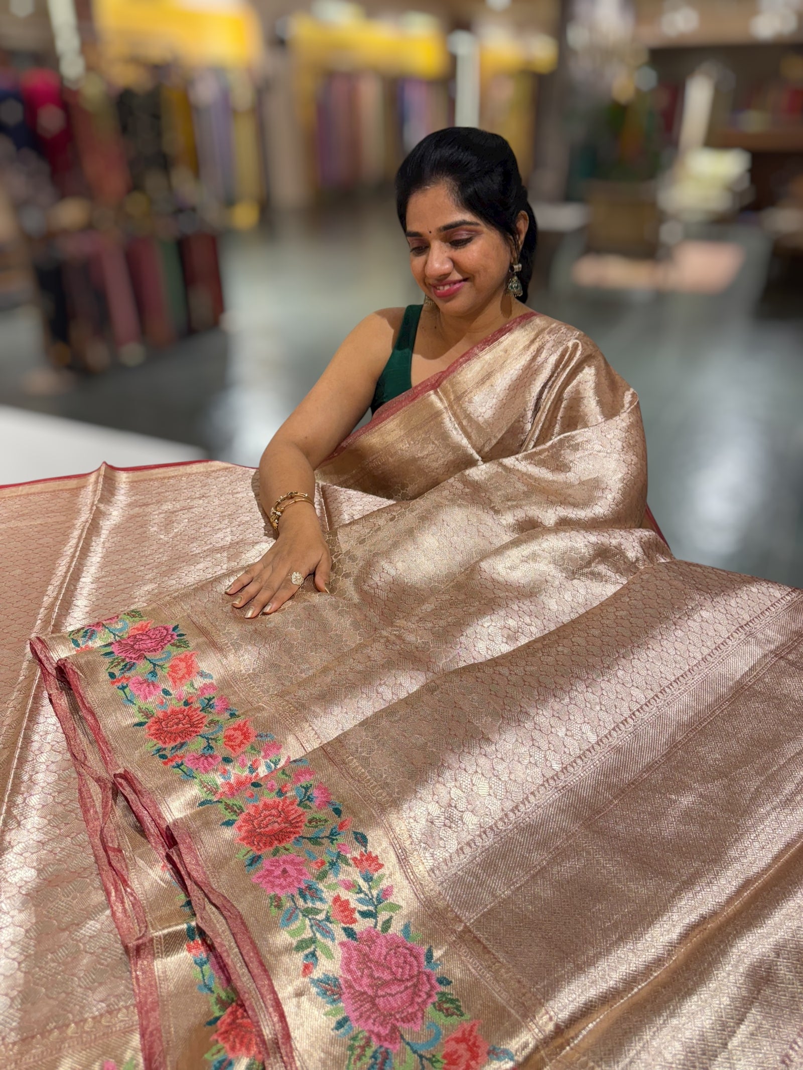 Meroon Red Base Banarasi Tissue Brocade Saree with Petite Point Embroidered Border