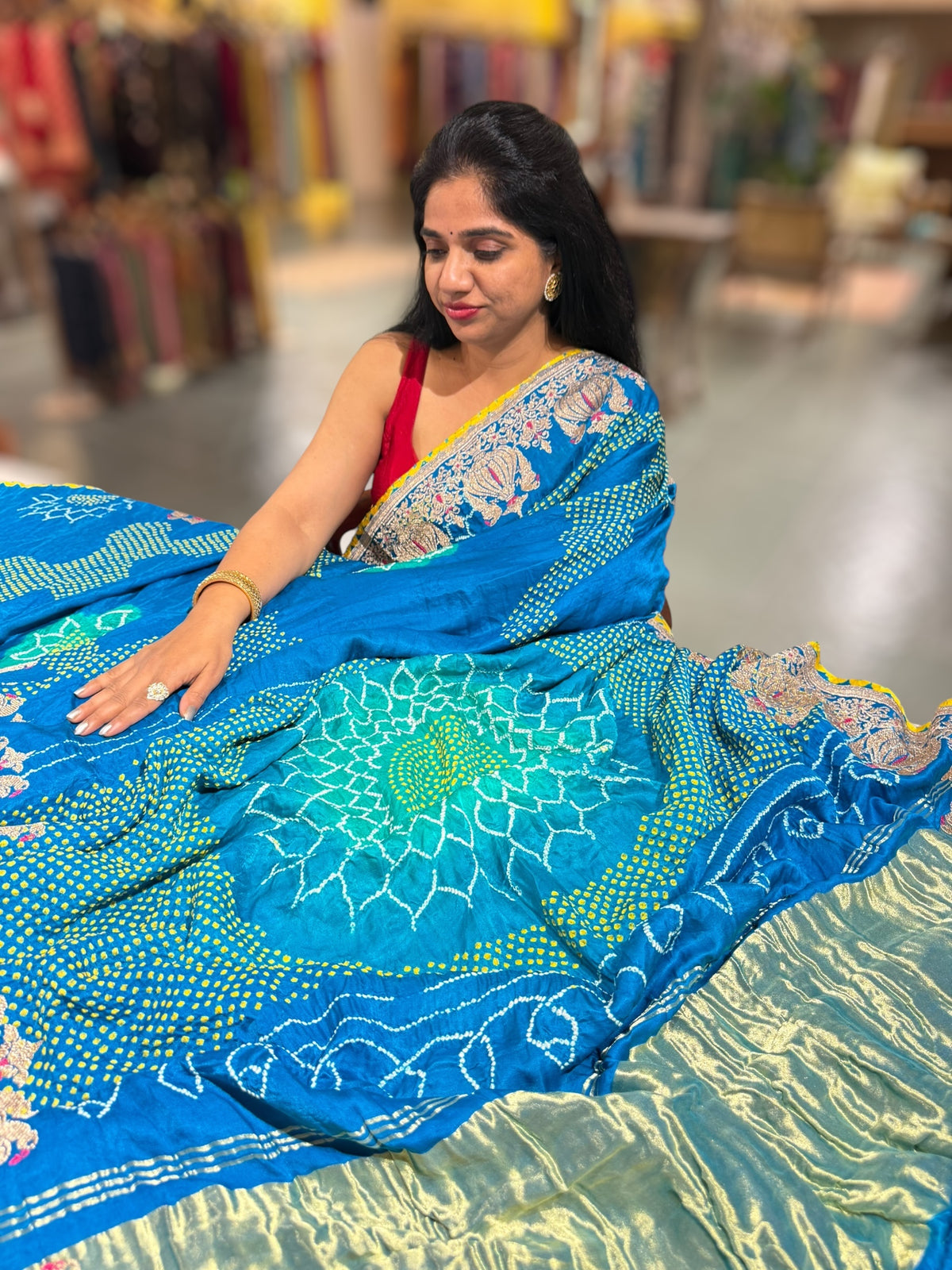 Copper Sulphate Blue Designer Rai Bandhej Saree With Embroidered Border