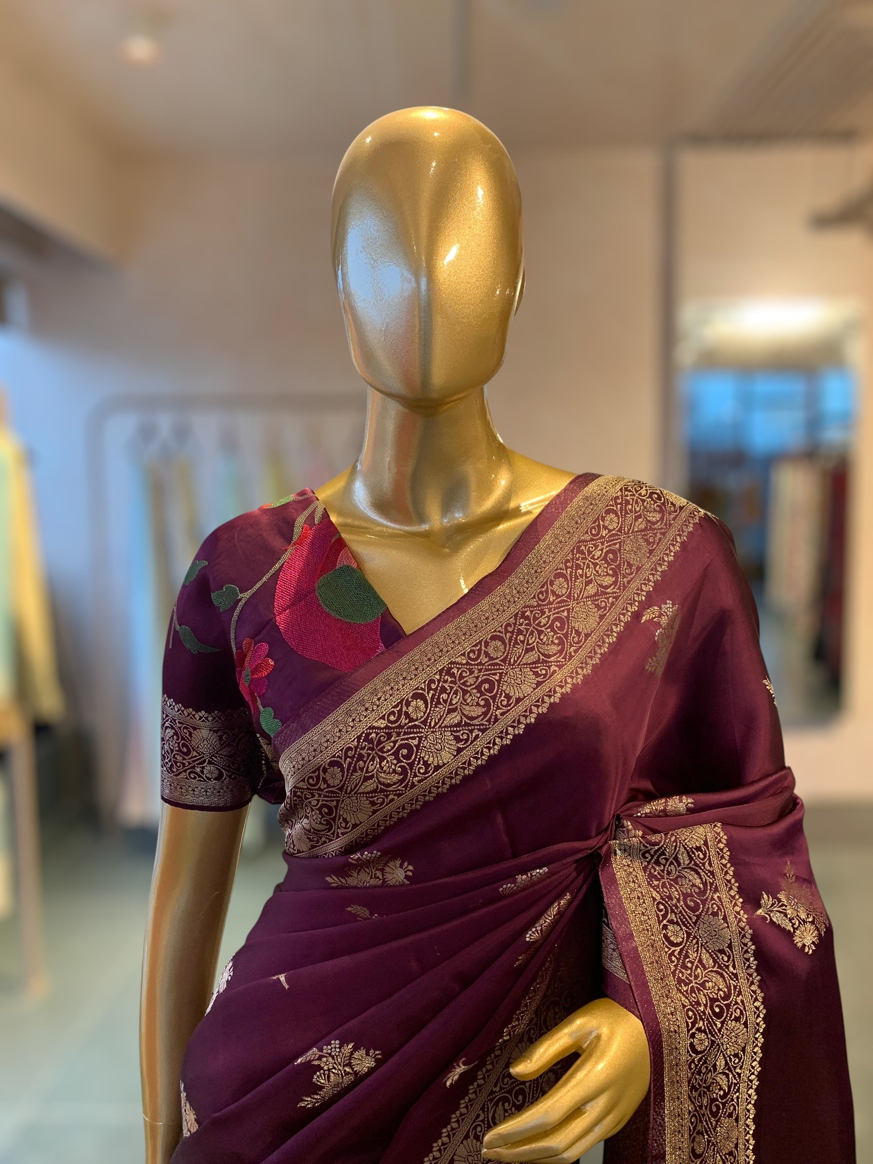 Wine Mashru Silk Saree with Paithani inspired embroidered blouse