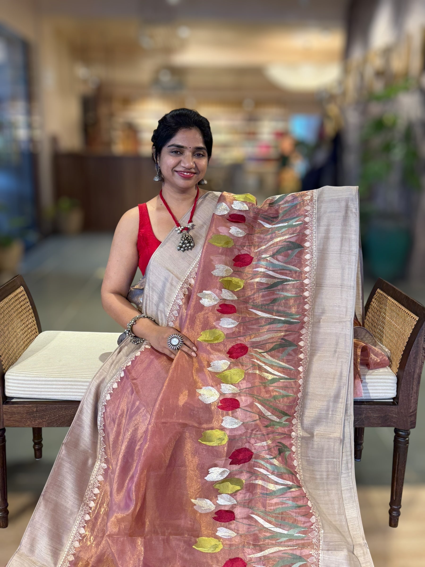 Peach Pink Designer Handloom Tissue Saree With Tulip embroidery