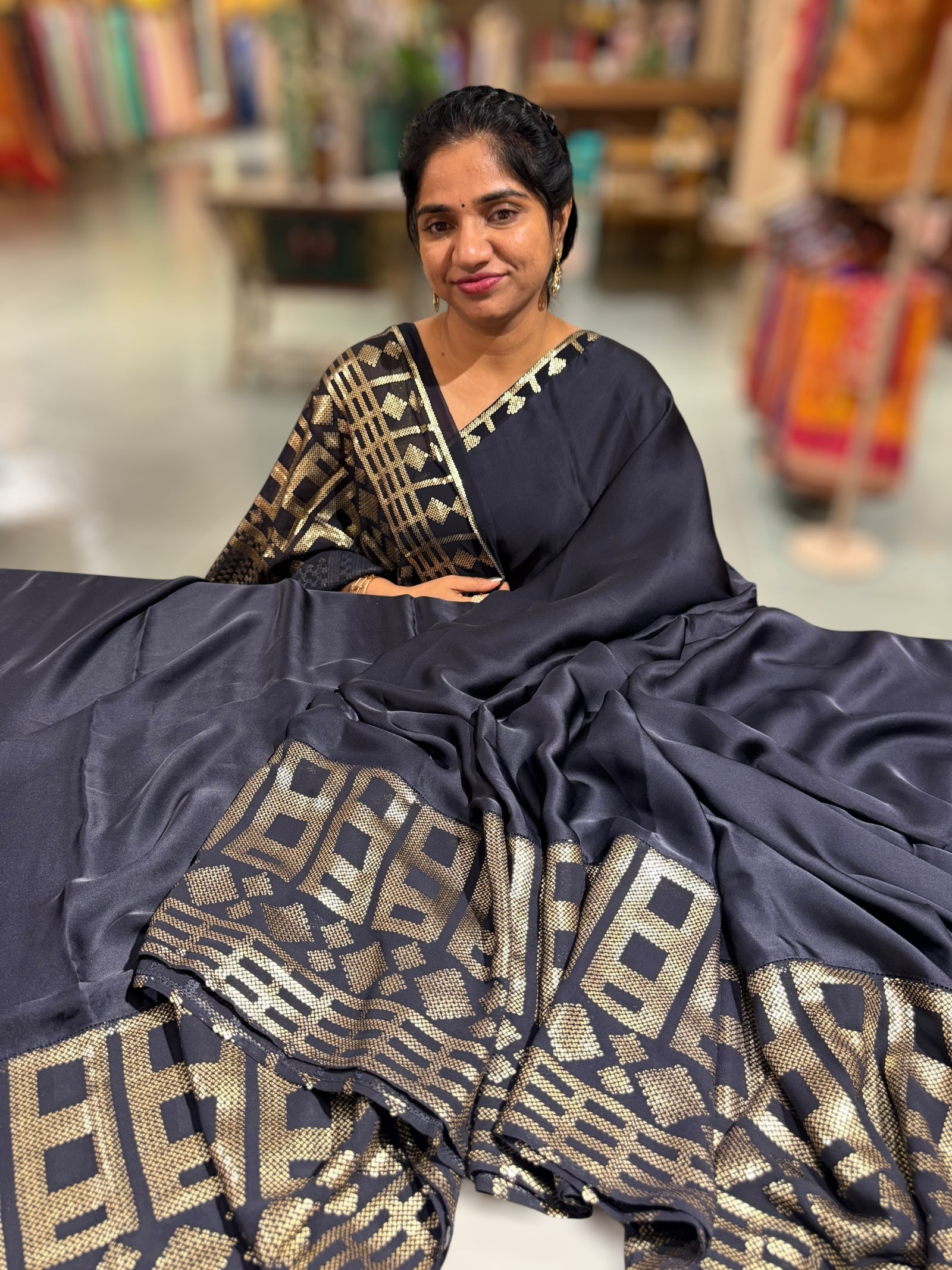 Navy pure Satin Saree with designer sequence border and blouse