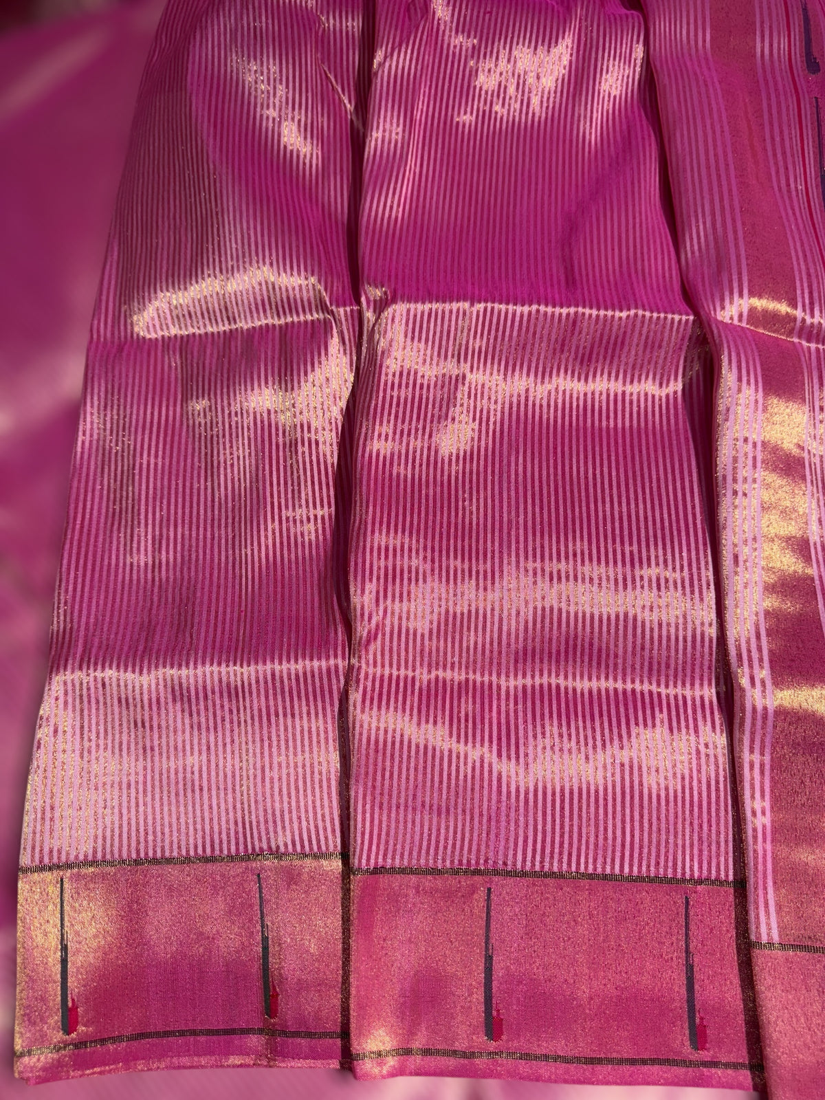 BubbleGum Pink Pure handloom paithani tissue stripes saree