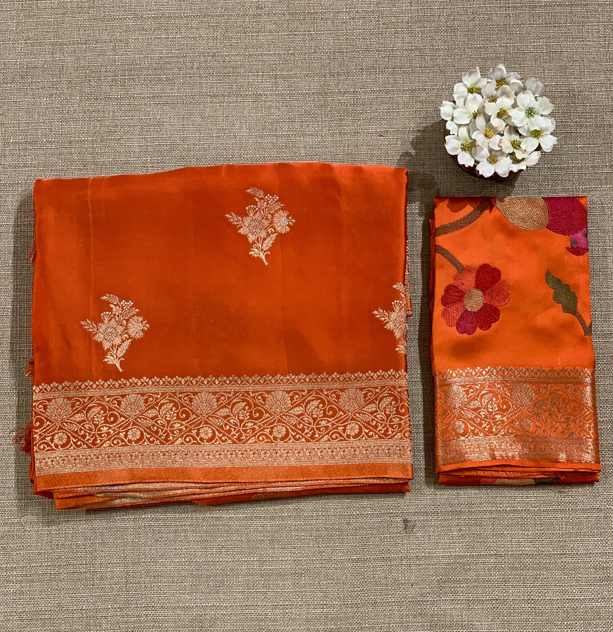 Orange Mashru Silk Saree with Paithani inspired embroidered blouse