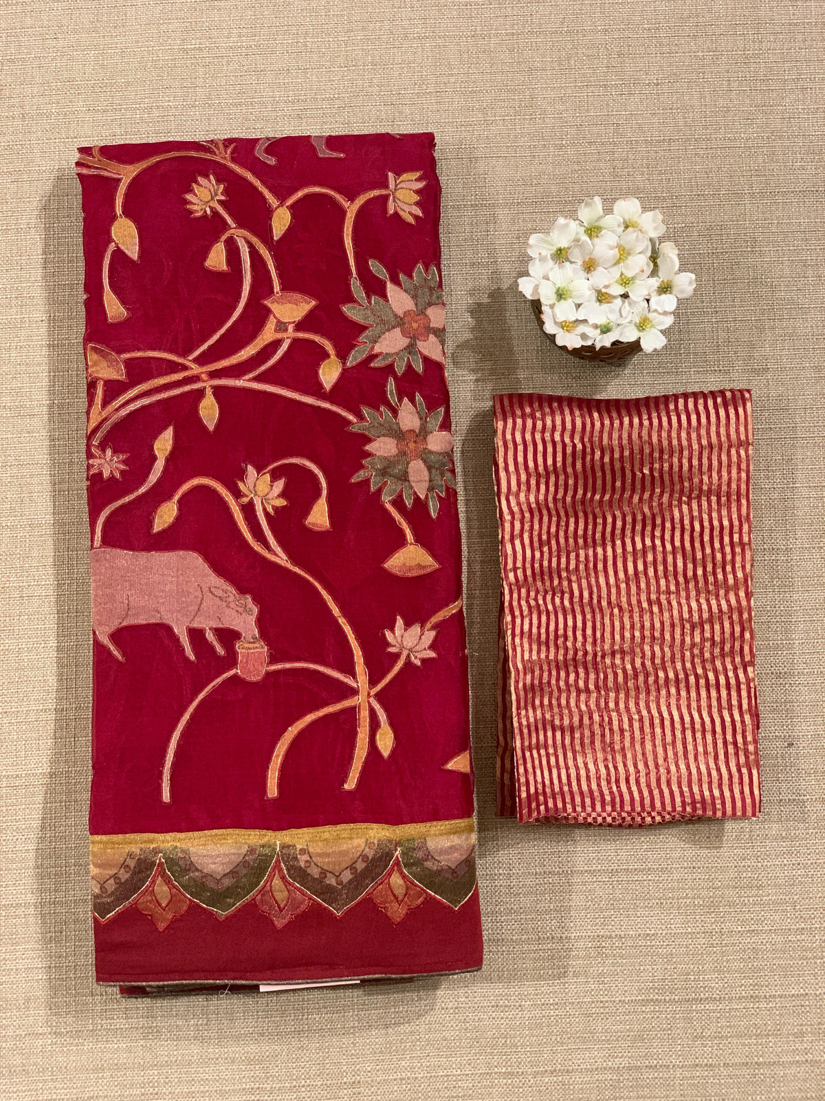 Dark Red Designer Organza Saree with Stunning Tissue Applique work Saree with Village theme