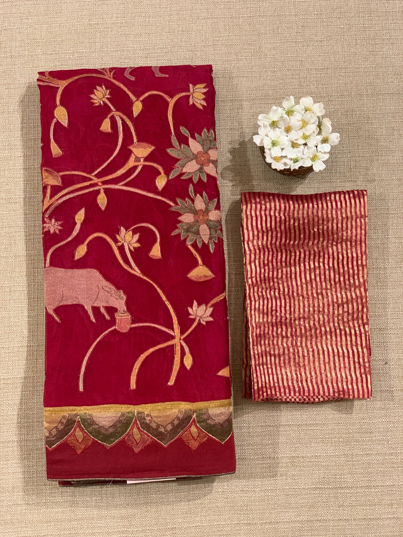 Dark Red Designer Organza Saree with Stunning Tissue Applique work Saree with Village theme
