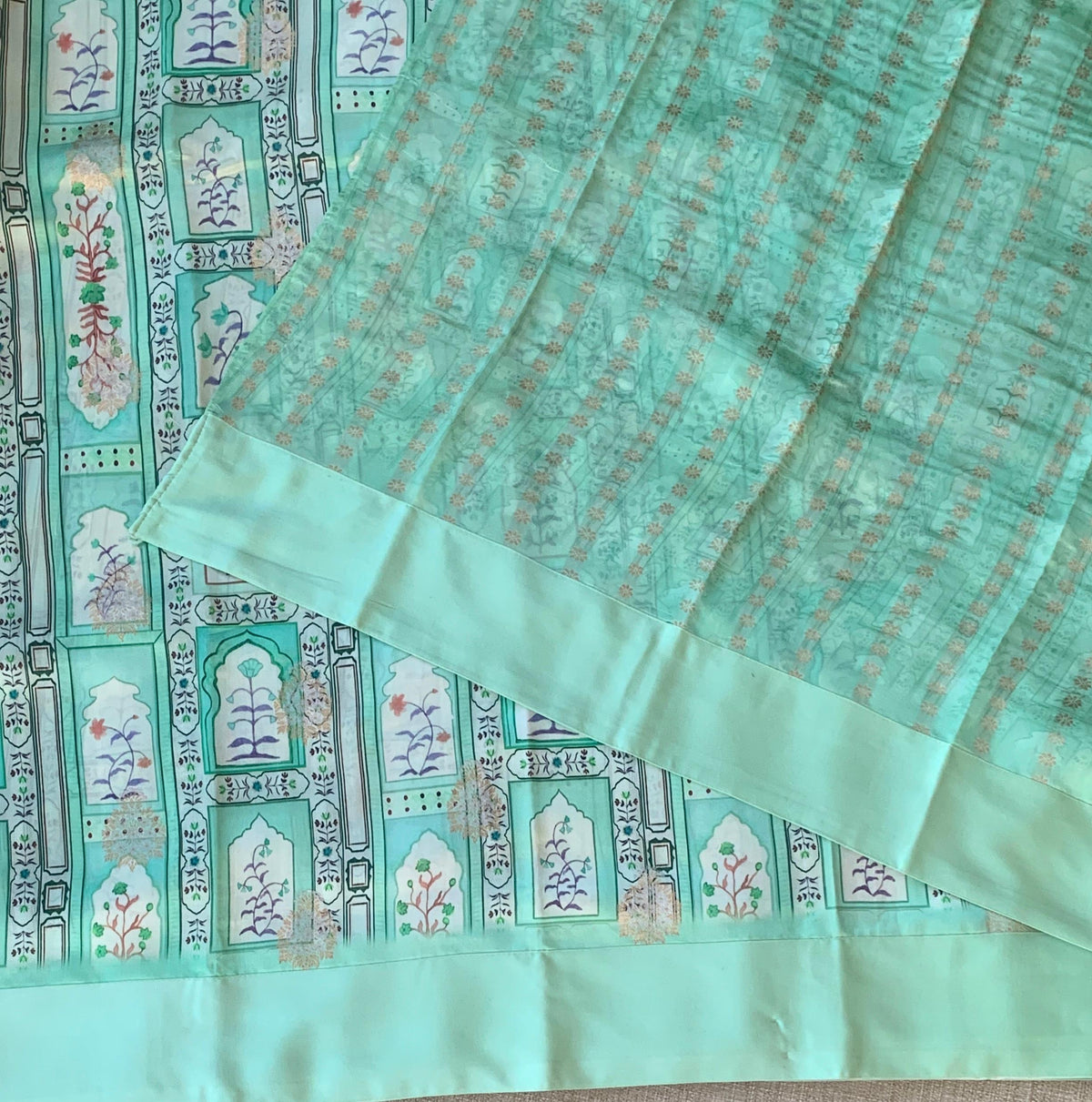 Mint Green Soft Silk Saree with patola style print and mashru borders