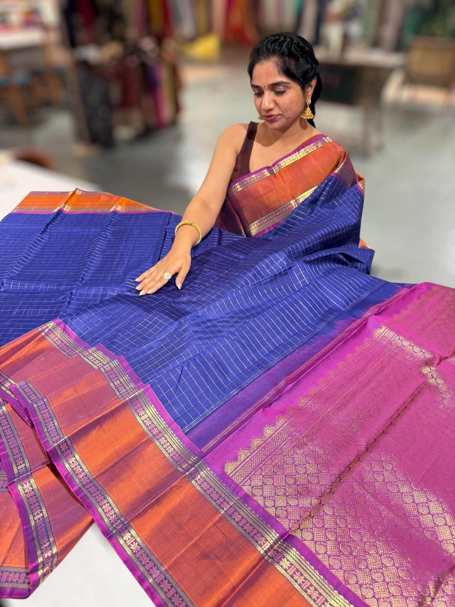 Blue  Kanchi vintage checks saree with Gap Border