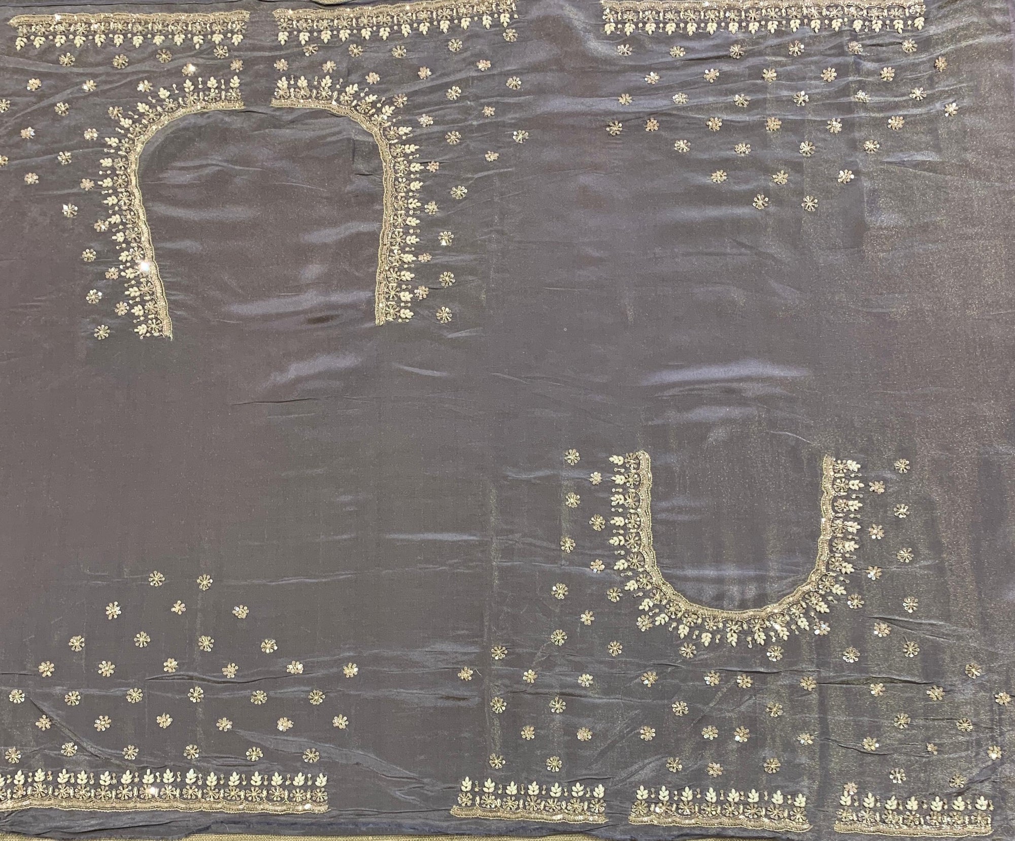 Greyish Violet Tissue Gorgette Saree With Hanwork Border and Blouse.