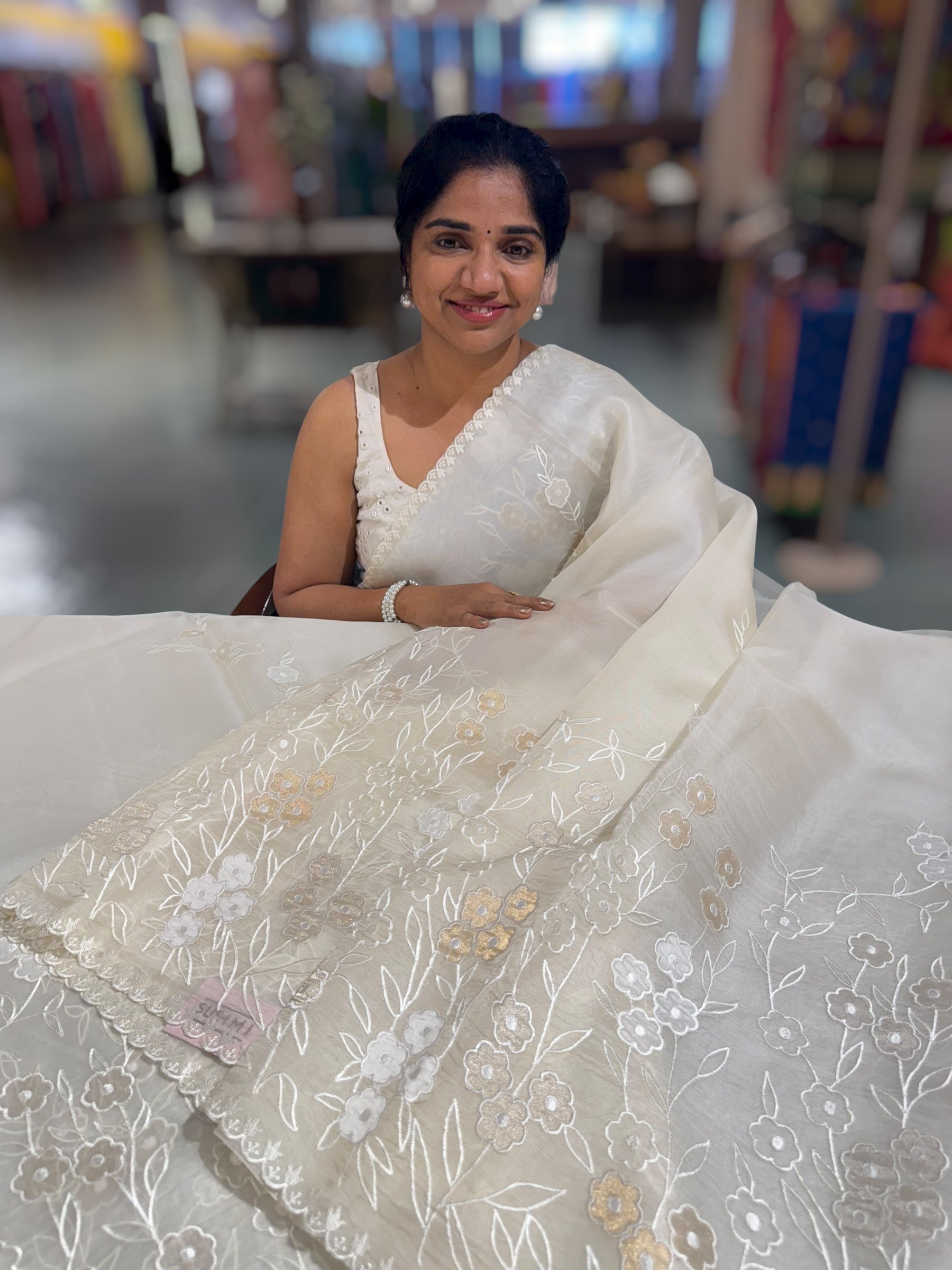 Ivory Organza Saree With Tissue Applique Work